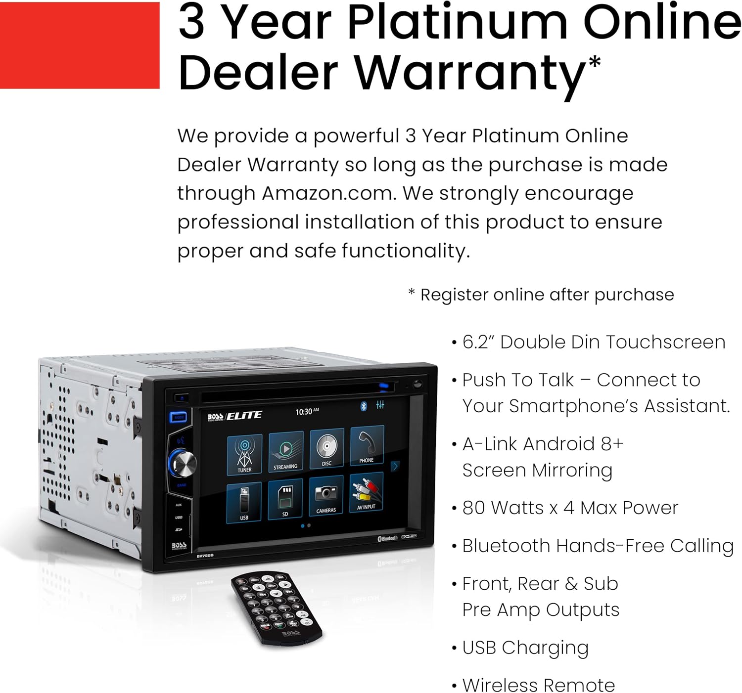 BOSS Audio Systems Elite BV755B Car Stereo System - 6.2 Inch Double Din Touchscreen, Bluetooth Head Unit, AM/FM Radio Receiver, CD Player, USB, SD, Aux In, Hook Up To Amplifier