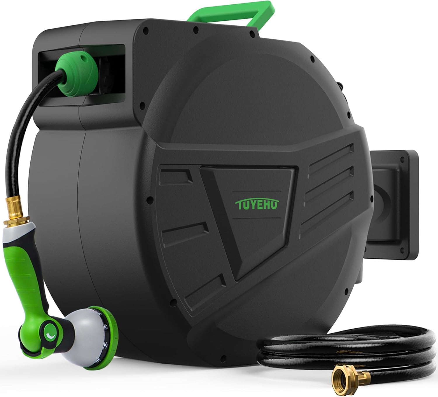 Tuyeho Retractable Garden Hose Reel 100FT, Wall Mount Heavy Duty Water Hose Reels with Automatic Slow Rewind System, Outdoor Hoses Reel with 2 Hose Nozzles for Garden Watering, Car Wash, Pet Shower