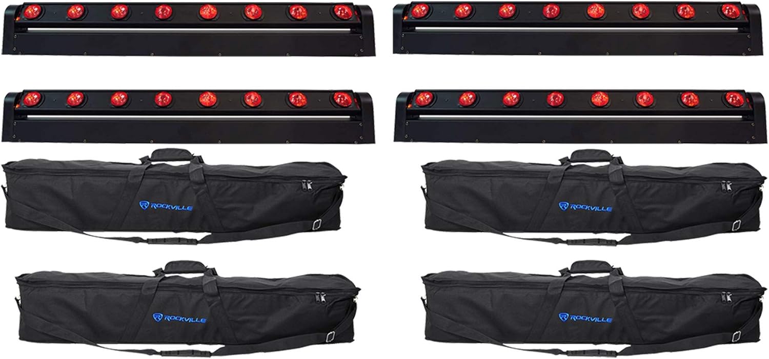 Rockville MOTIONSTRIP Bundle: (4) Motorized Moving Head RGBW Color Strip Wash Beam Bars, (4) RLB60 Carry Bags, 270° Motorized Rotation, DMX 512, for DJs Stages Clubs, 8-Items