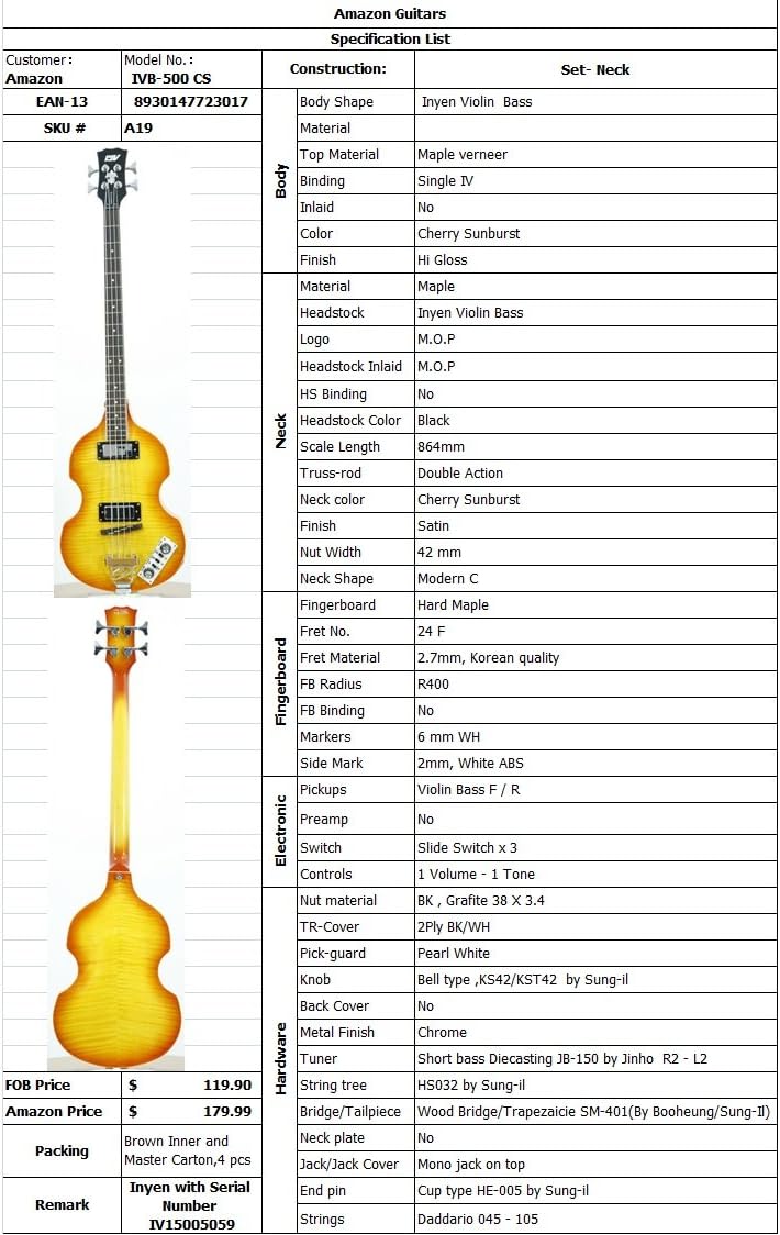 IYV IVB-500 CS Bass Solid-Body Electric Guitar, Cherry Sunburst