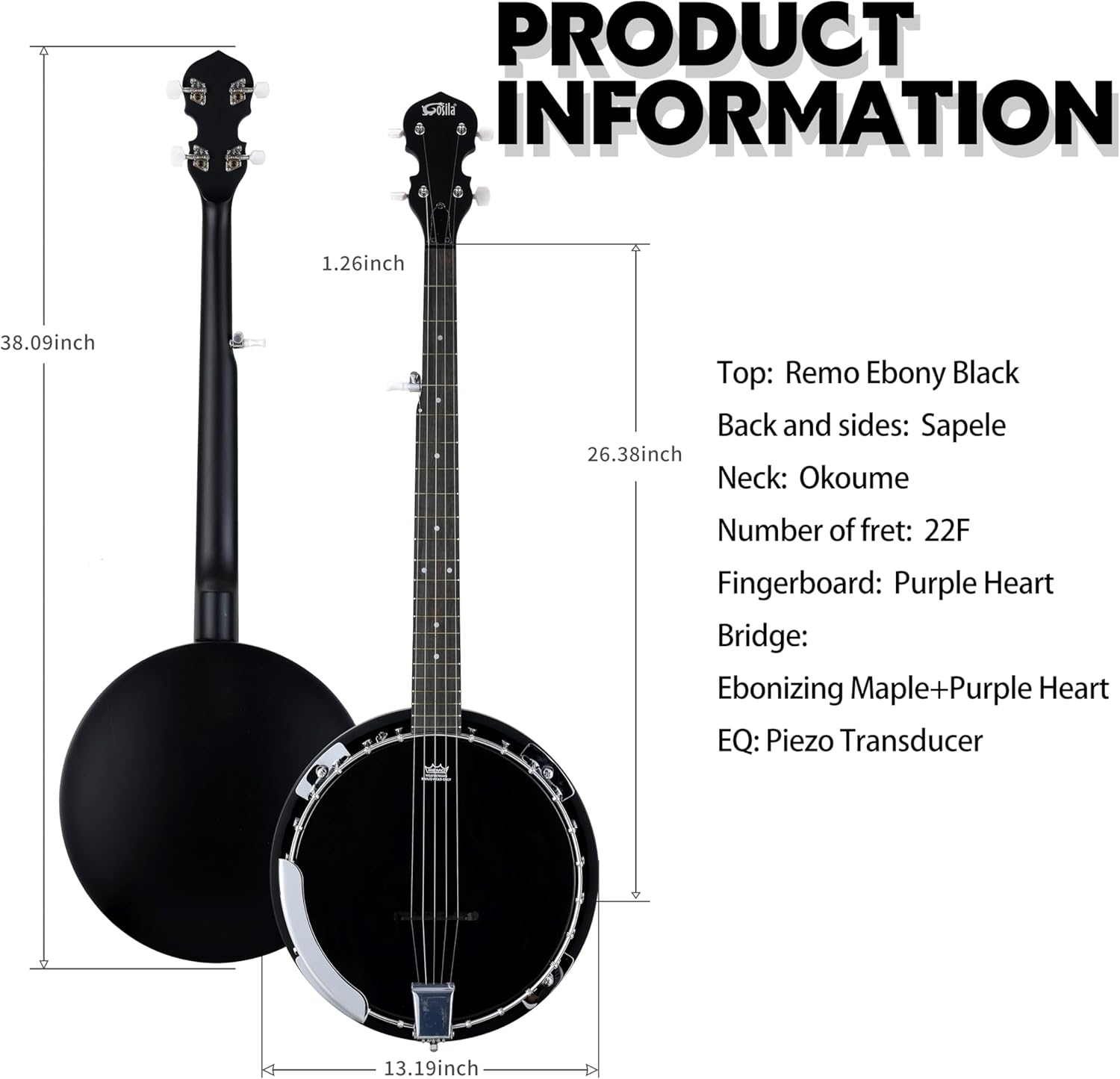 5 String Full Size Acoustic Electric Banjo Solid Back Remo Ebony Black Top Sapele Body Material Sapele Back Material Type Okoume Neck Material Type
