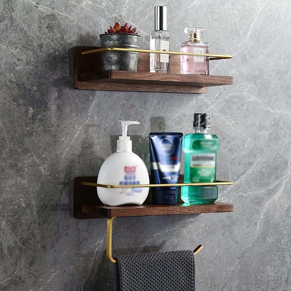 Shower Caddy Bathroom Shelf, Wooden Bathroom Towel Rack Holder, Aluminum Wall Mount Shower Caddy Shelf Bathroom Organizer (Color : 45cm Rod)