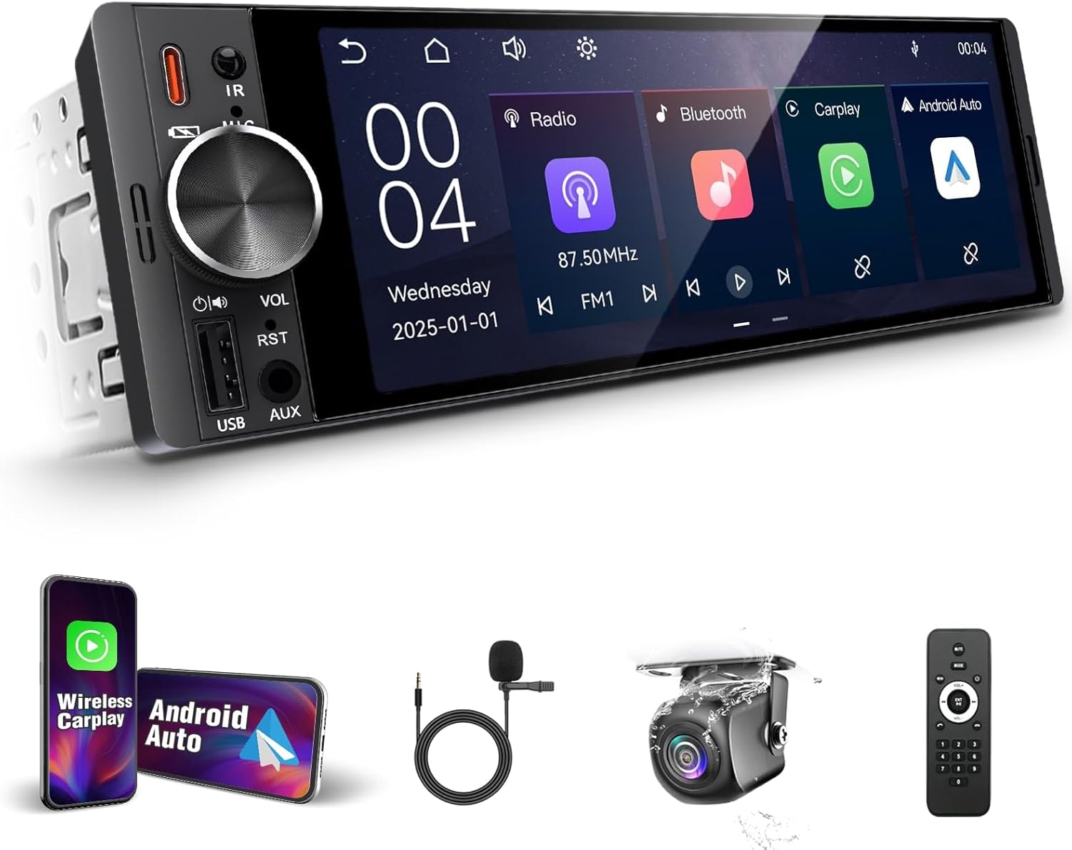 【SOOEMAKA】 Single Din Touchscreen Radio with Wireless Apple Carplay&Android Auto,6.36