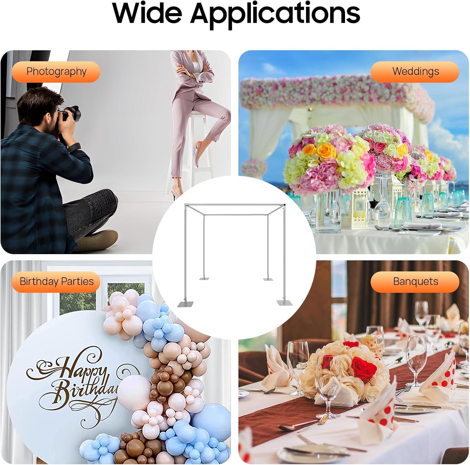 4 Corners Square Heavy Duty Backdrop, 10ft Adjustable Telescopic Portable Pipe and Drape Backdrop Stands, Silver Wedding Photography Background Support for Any Events