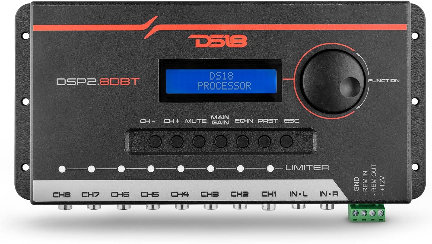DS18 DSP2.8DBT 2-Channel in and 8-Channel Out Digital Sound Processor with Bluetooth and LCD Screen. Didactic and Intuitive Interface Through The App.