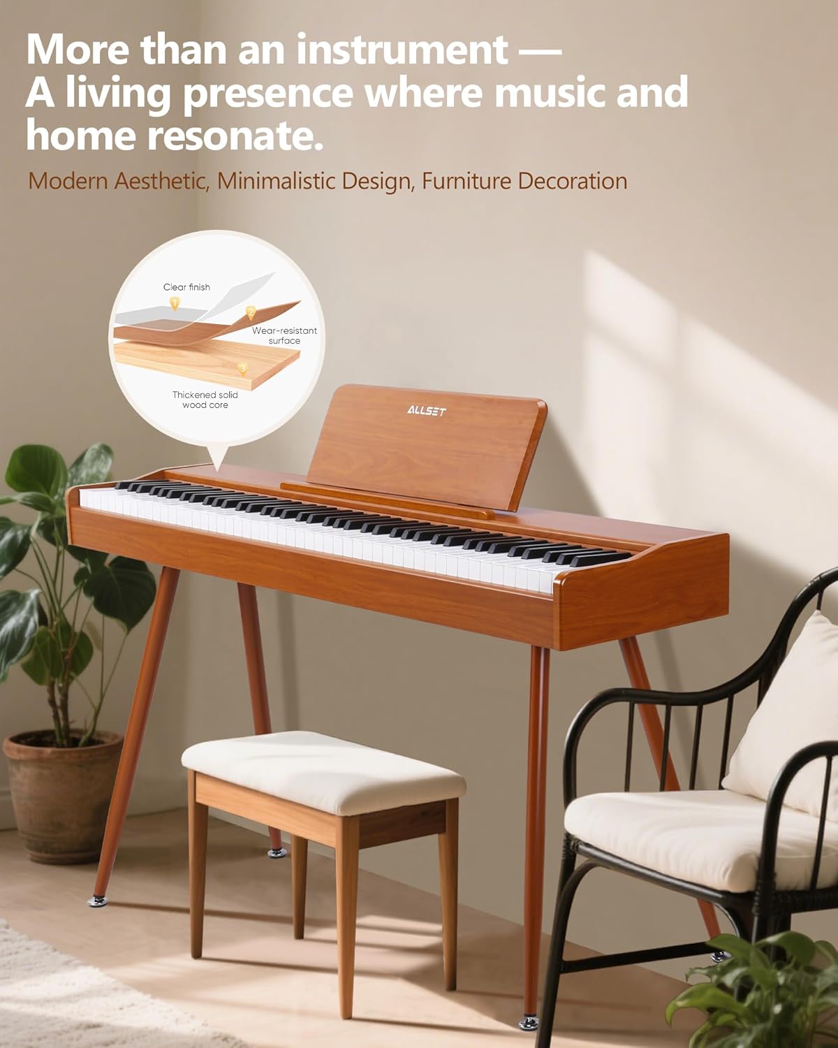 ALLSET 88-Key Digital Piano | Fully-Weighted Hammer Action & Concert Grand Sound | Compact Upright Design in Warm Brown Wood | Includes 3 Pedals & USB/MIDI for Beginners & Home Use | HP-740