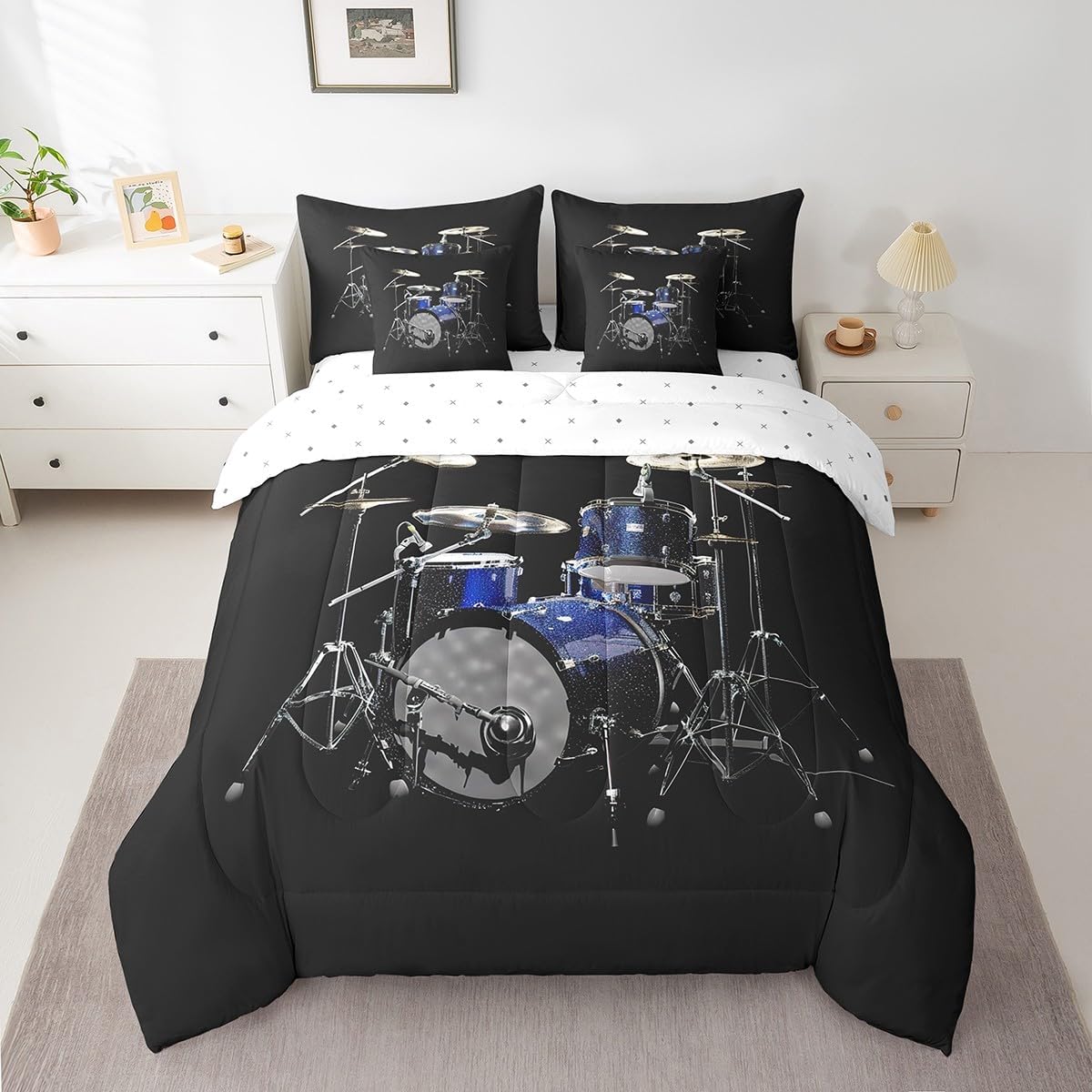 Feelyou Queen Comforter Set 7 Pcs Drum Kit Bed in a Bag for Girls Boys Children Rock Music Themed Bedding Set Modern Musical Comforter Instruments Print Bed Set with Sheets, Pillowcases, Pillow Covers