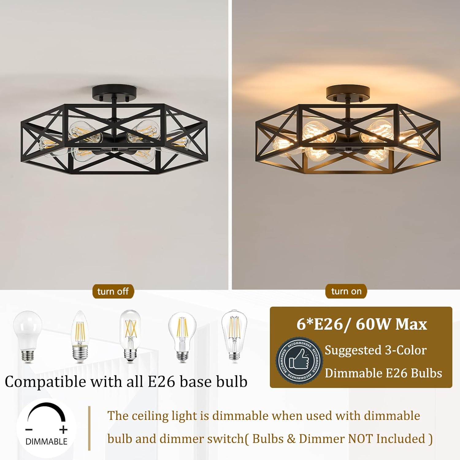 Modern Farmhouse Black Ceiling Light,Industrial Semi Flush Mount Ceiling Lighting Fixture,hexagonal Lighting Fixtures for Kitchen,Bedroom,Foyer,Living,Dining Room,Laundry Room,6-Light,19.7 Inch