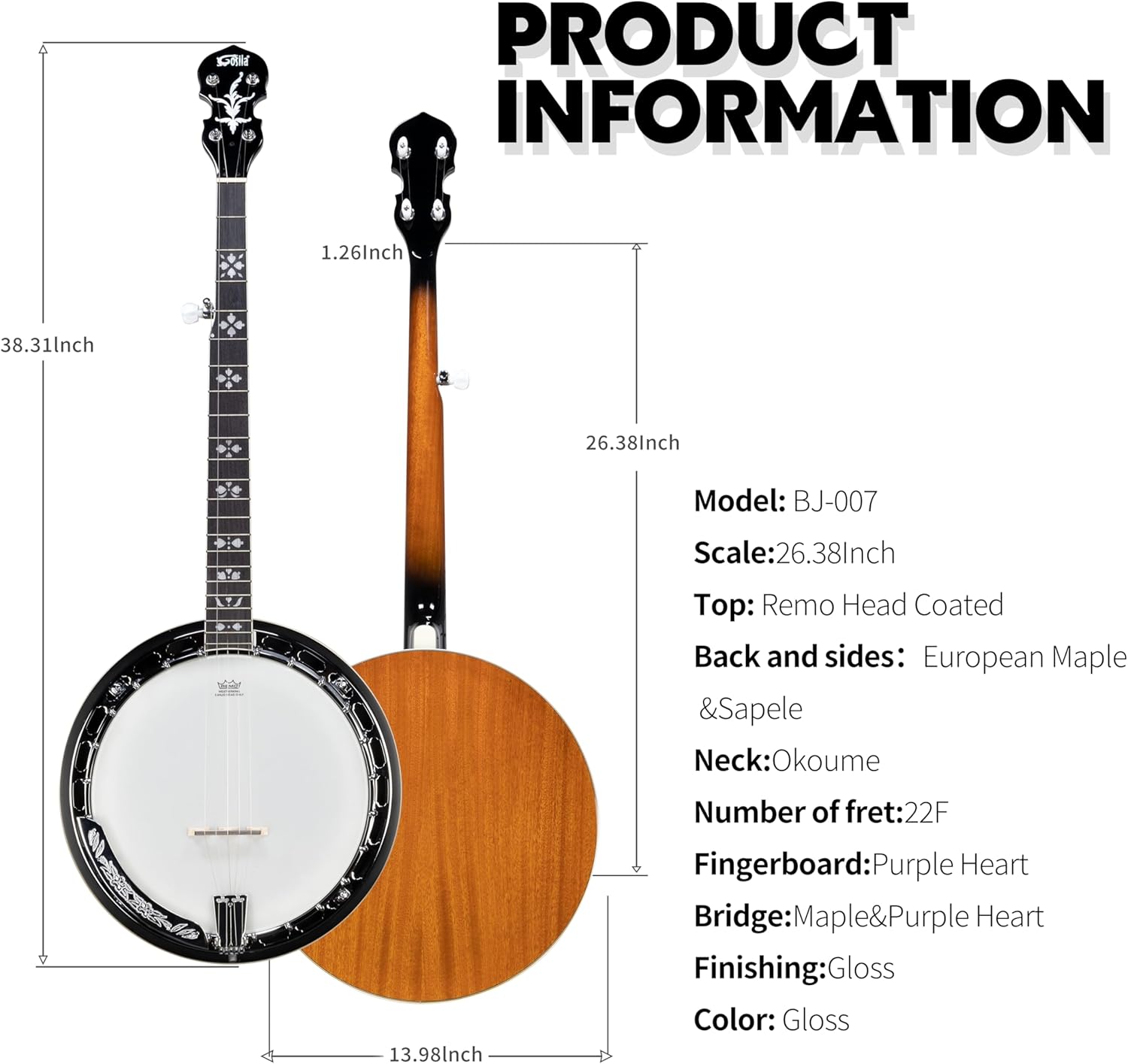 5 String Full Size Banjo Solid Back with beginner Kit Remo Head Coated Top European Maple Body Material Sapele Back Material Type Okoume Neck Material Type