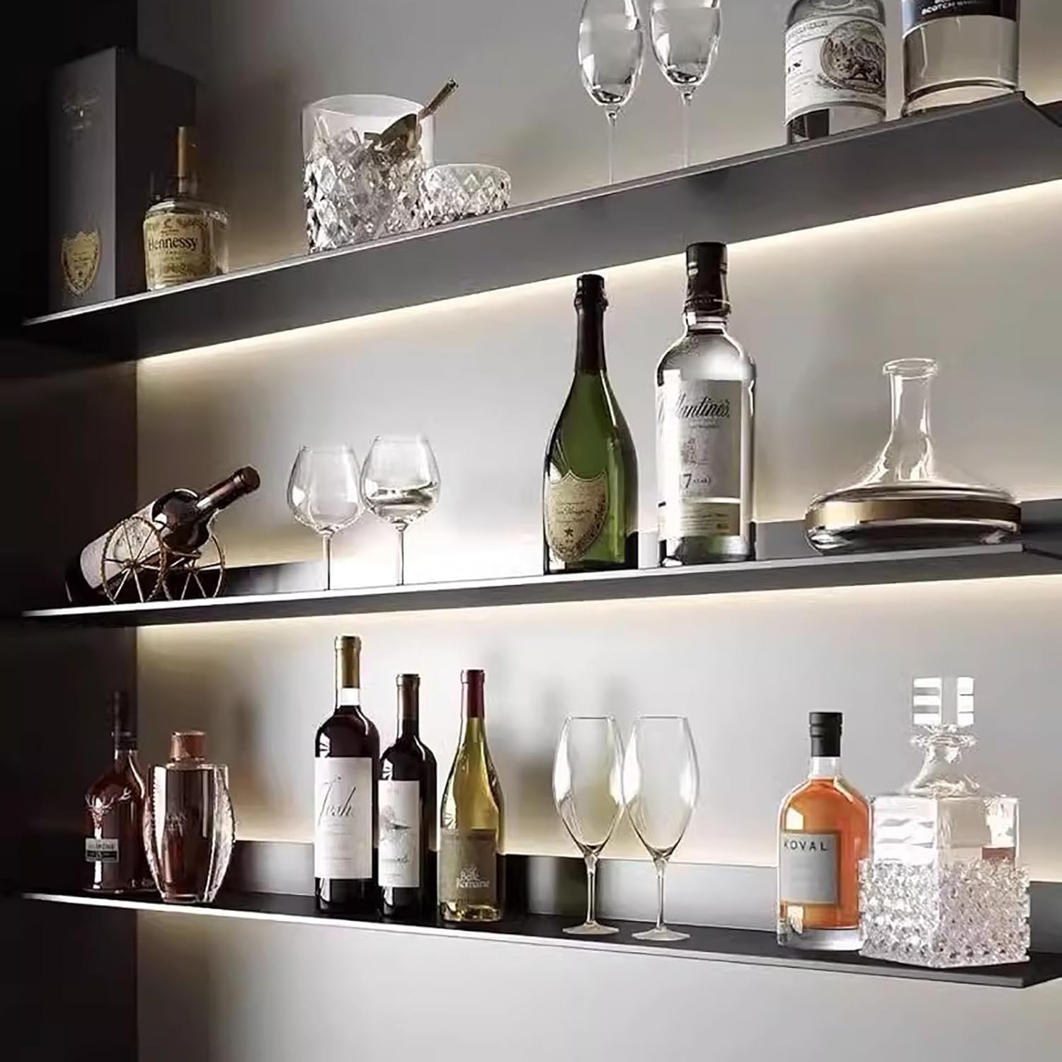 Metal Wall Mounted Display Stands, Floating Display Shelf with Built-in Illuminated LED Light and Transformer, Lighted Display Stand for Entrance Living Room Bedroom Bathroom,1 Pack (Color : Black,