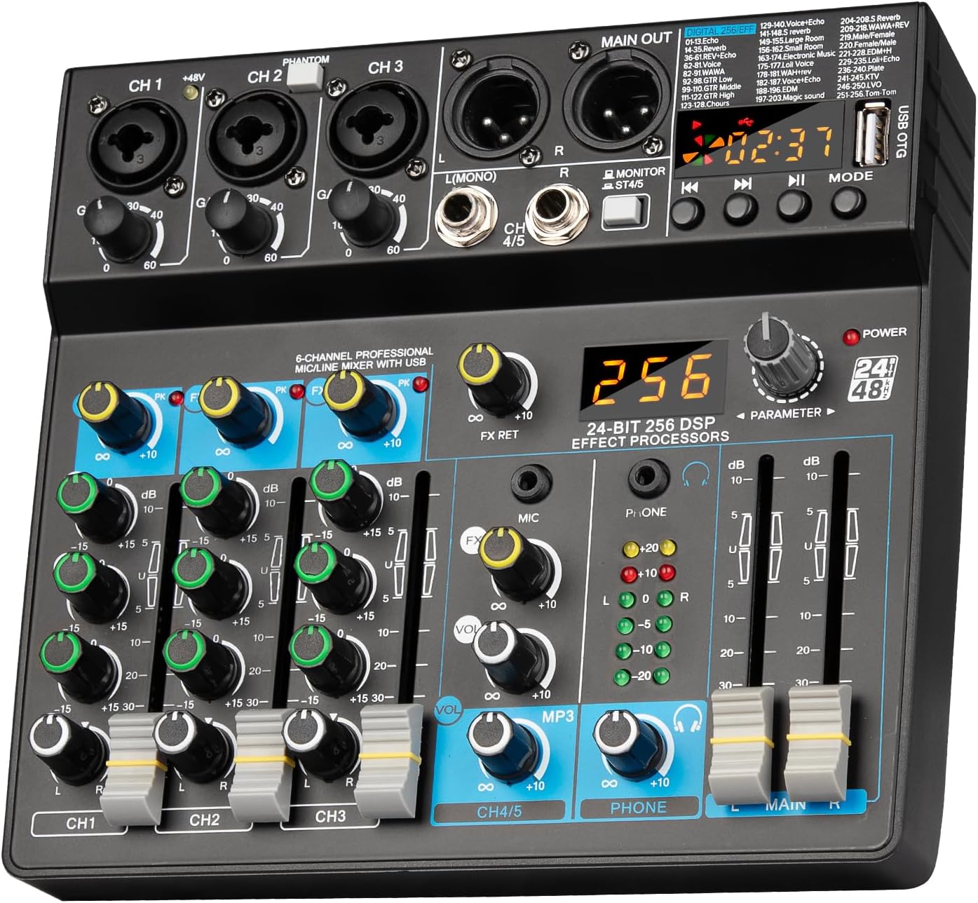 Depusheng Professional Audio Mixer Digital FX 256-Bit DSP USB Bluetooth MP3 Computer DJ Mixer 5 Channel input Interface with 48V Phantom Power for PC recording Live Streaming, Podcasting, Karaok