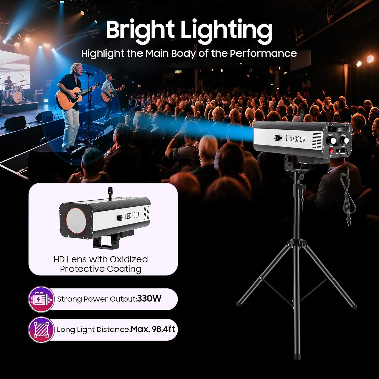 LED Stage Spotlight with Tripod Bracket, 330W Follow Spot Light Manual Control Spotlight Stage Light, 6 Colors Adjustable Height Follow Spotlight for Event Theater Party Show