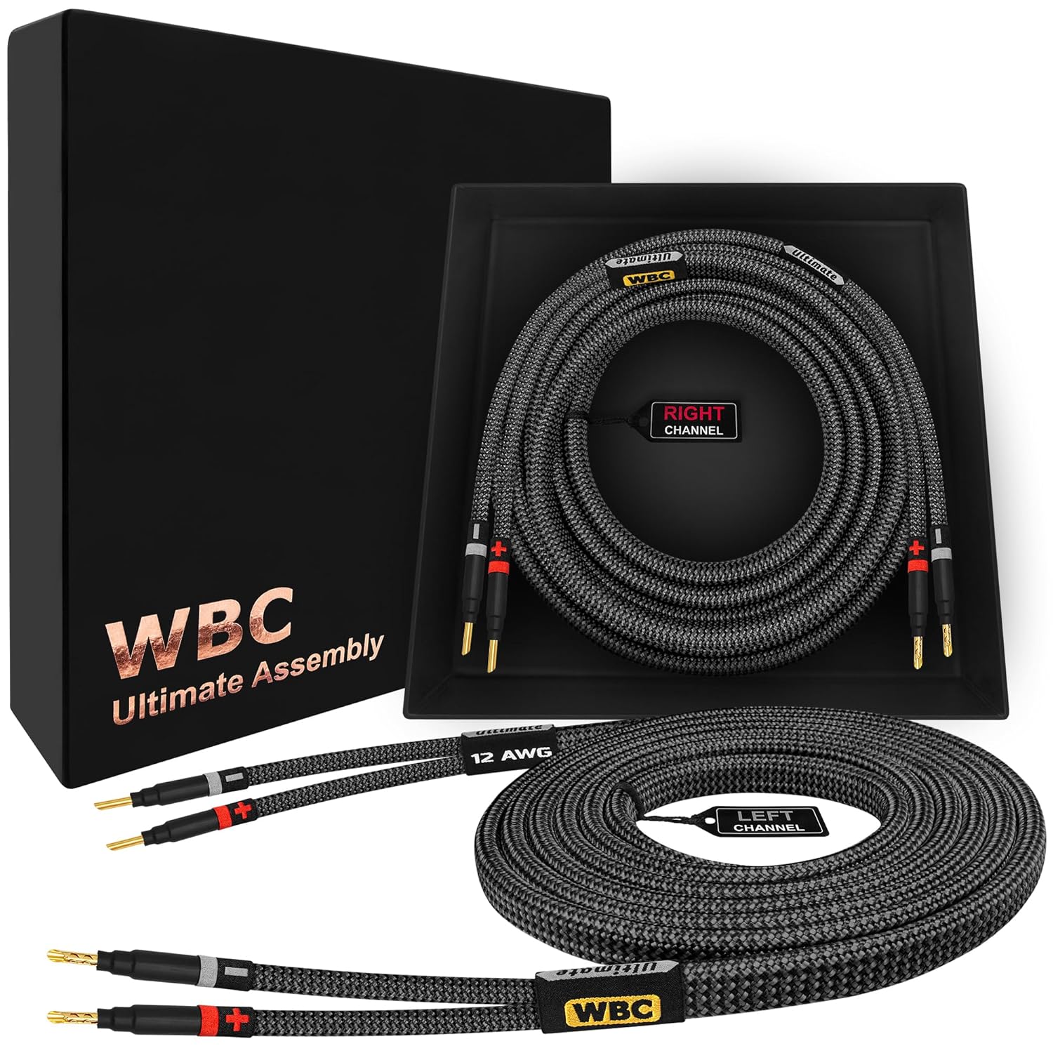 WORLDS BEST CABLES 5 Foot Ultimate - 12 AWG - Ultra-Pure OFC - Premium Audiophile HiFi Speaker Cable Pair with Eminence Gold Banana Plugs & Carbon Tweed Jacket