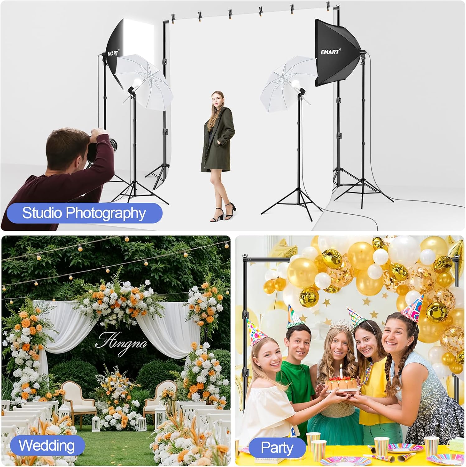 EMART 8.5x10ft Green Screen Backdrop Kit with Sand Bag, Photography Background Support System with 10x12ft Polyester Backdrop(Black/White/Green) for Photography, Parties, Wedding, Video Shooting