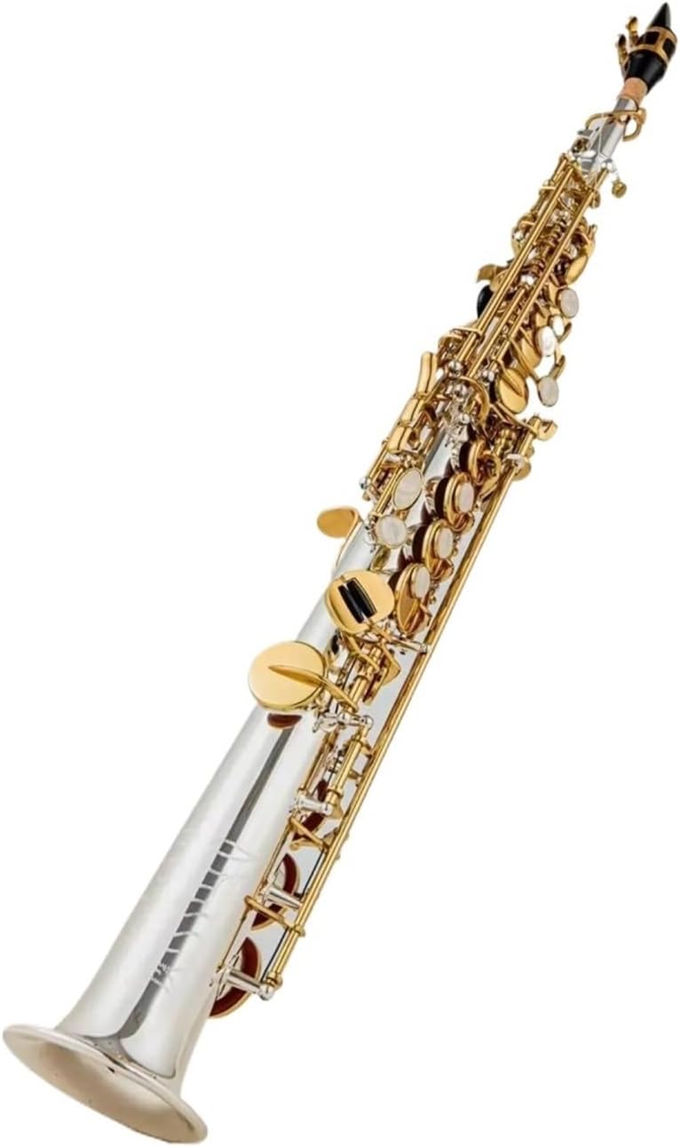 Woodwind Instruments Treble Silver Plated Body Gold Lacquer Key Brass Saxophone Straight Pipe B(b) Instrument With Case (Color : Dark khaki)
