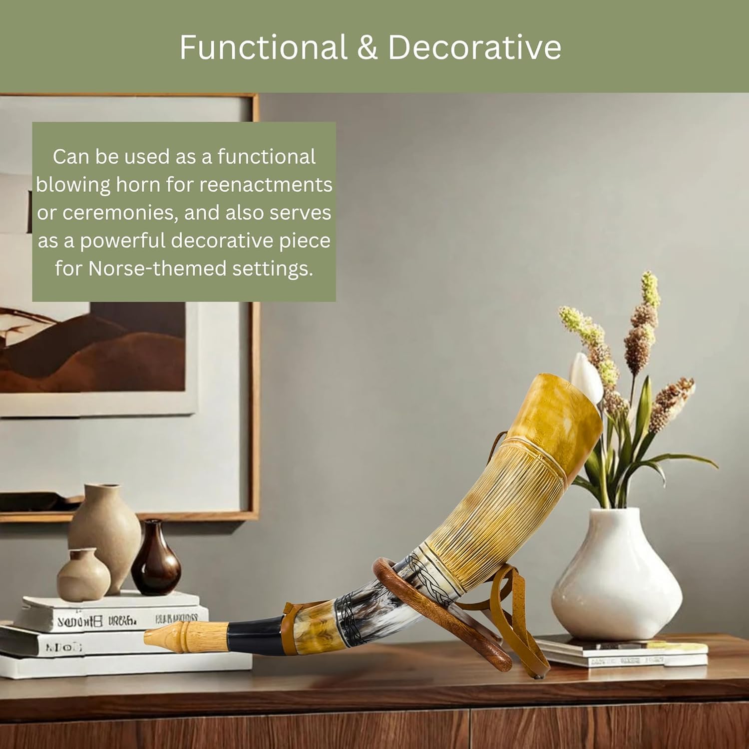 Viking Blow Horn | Genuine Ox Horn Trumpet | Viking Bugle Hunting tool with Wooden Stand | Ideal for Medieval Battle & Norse Gathering Fans | Handcrafted Antique Unique Gift for Men - 16