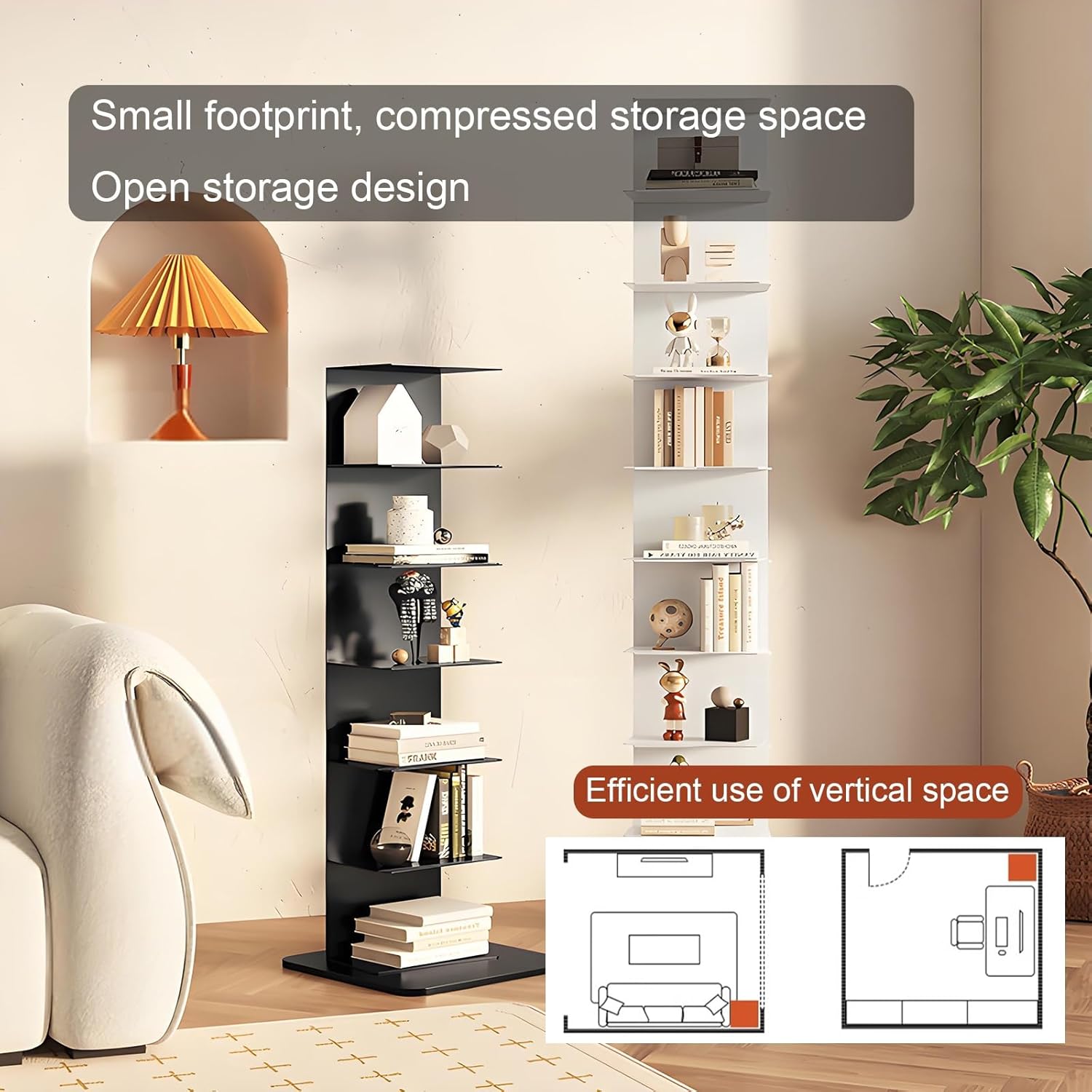 Metal Spine Bookshelf Tower, Modern Open Vertical Bookcase, Invisible Floating Storage Rack, Narrow Floor Standing Organizer, Display Shelf for Small Space(White)