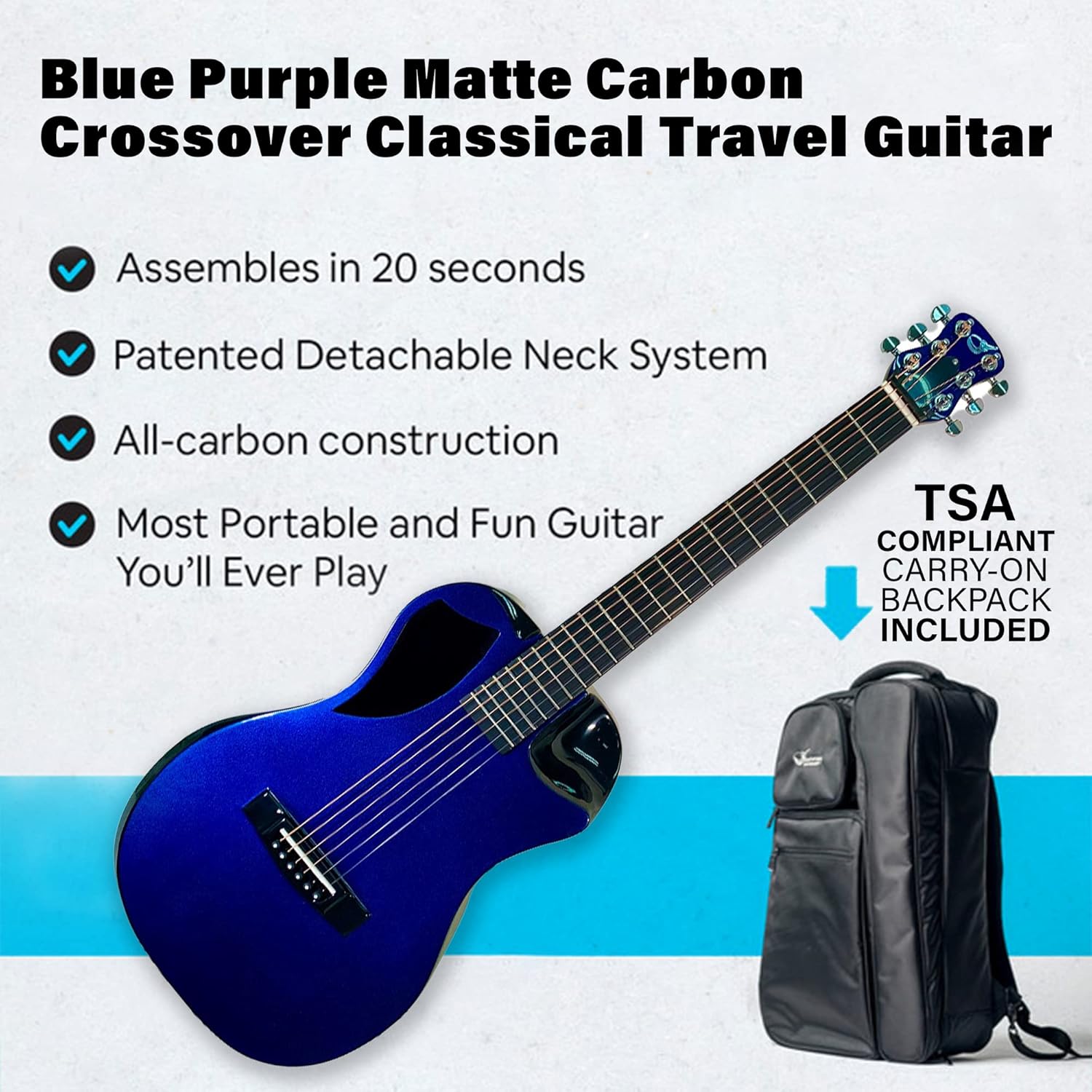 Journey Instruments Carbon Fiber Travel Guitar – OF660BP Traveling Acoustic Guitar with Collapsible Patented System – Portable Backpack Case (Blue Purple Matte)