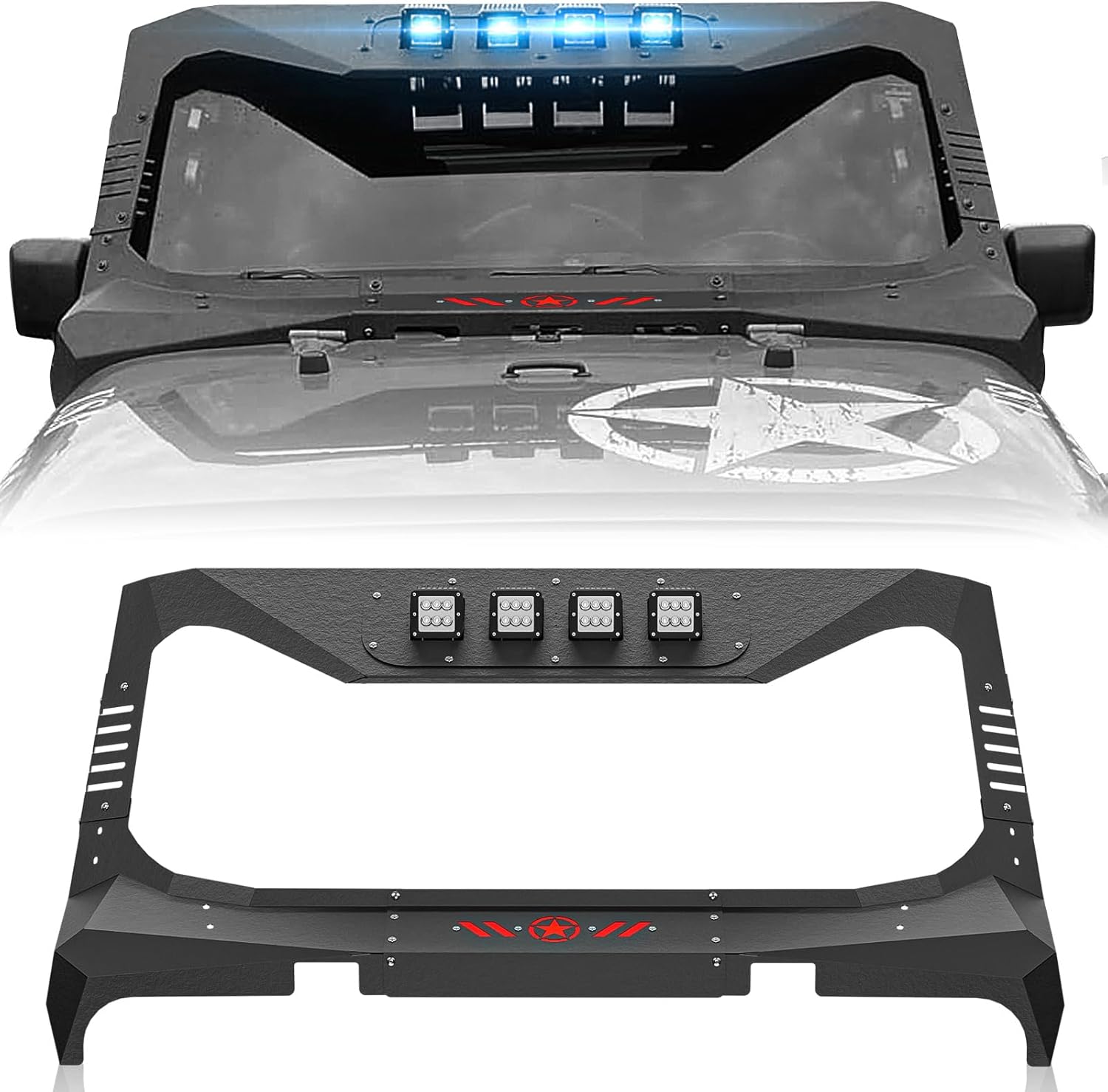 for Wrangler JK Windshield Frame Cover Mad Max Roof Sun Visor Cowl Body Armor Compatible with 2007-2018 Jeep Wrangler JK JKU with 4 LED Lights, Windscreen Stand Rack Front Protector