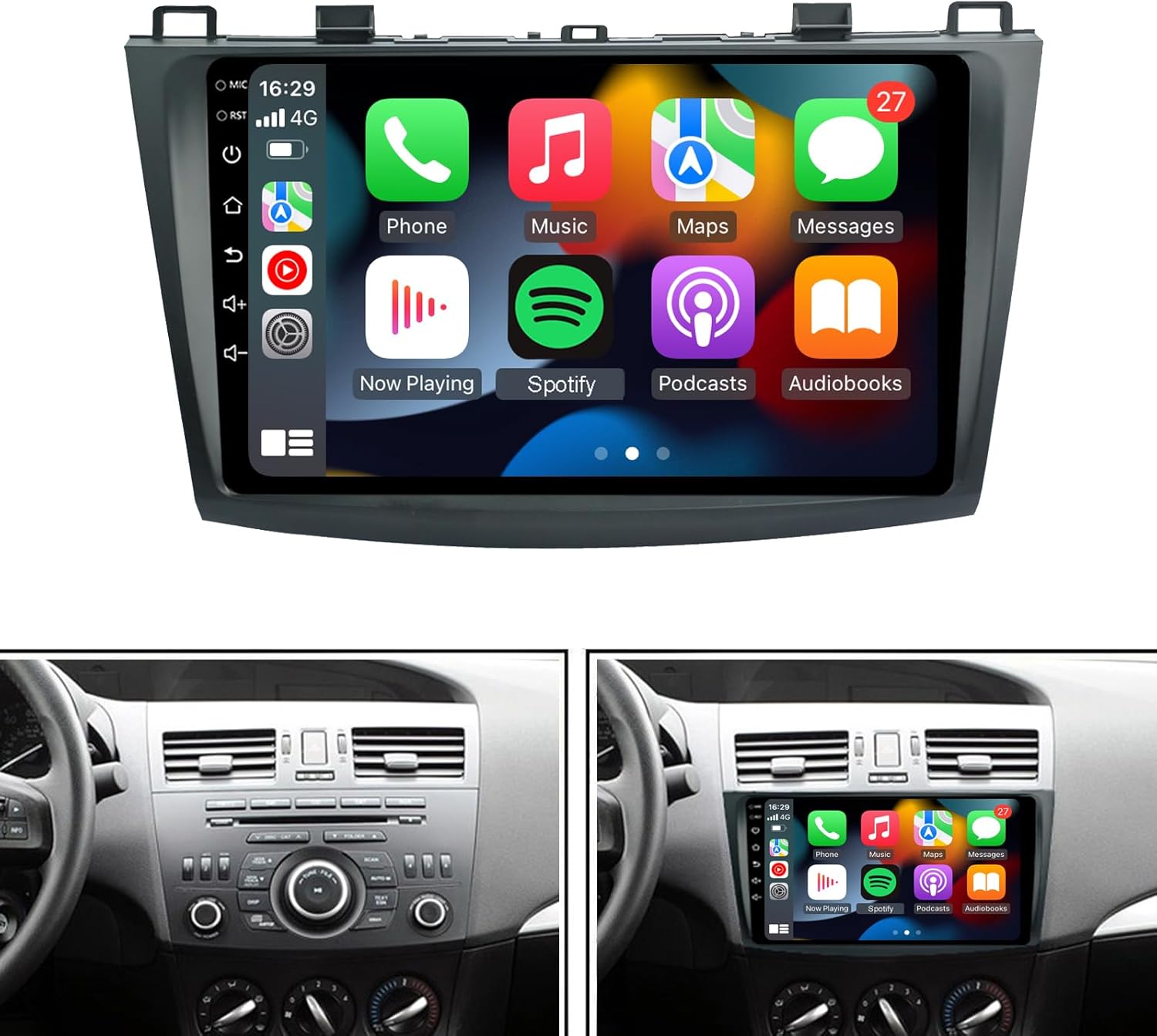 for 2010-2013-Mazda-3 Radio,Built-in Wireless Carplay&Android Auto 1280 * 720 Touch Screen Car Stereo GPS Navigation Bluetooth USB Player 2G RAM 32G ROM Mirror Link Player EZoneTronics