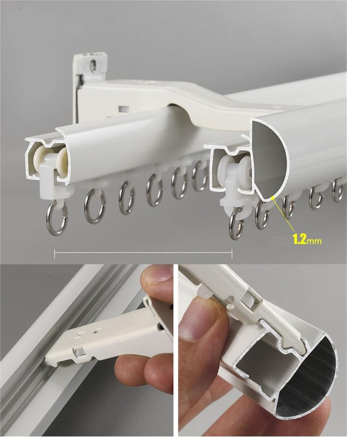 L-Shaped Curved Window Roman Pole Ivory White Double Curtain Rail Wall Mount 90° Corner Connector Curtain Sliding Rail(240cm)