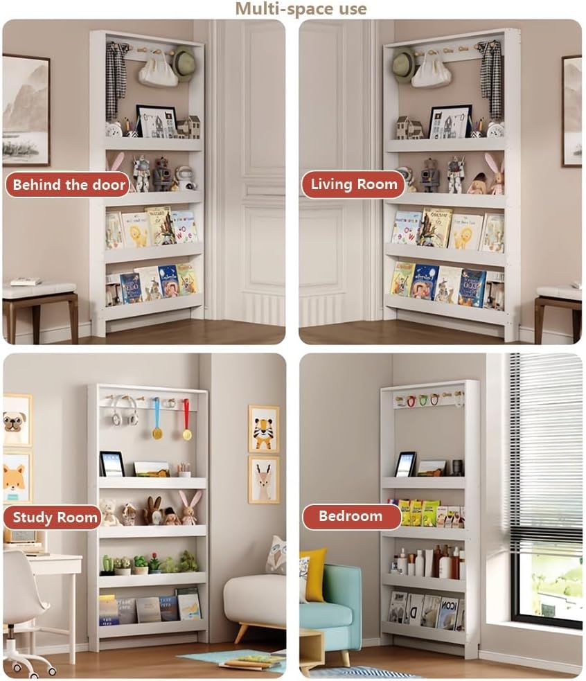 5-Tier Wall-Mounted Bookshelf for Behind-The-Door Storage – Wooden Narrow Bookcase with Open Shelves, Space-Saving Organizer for Books, Toys, and Decor(Brown,Large(39.4in))