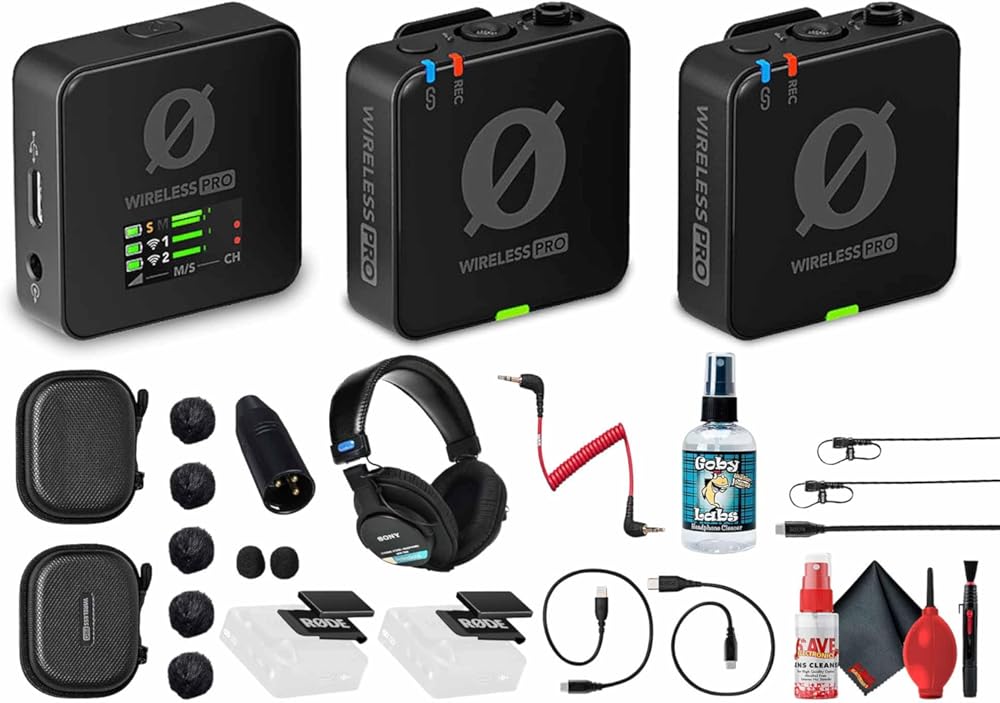Rode Wireless PRO 2-Person Clip-On Wireless Microphone System/Recorder with Lavaliers (2.4 GHz) (WIPRO) + Pro Headphones + XLR Adapter + Headphone Cleaner + Cleaning Kit