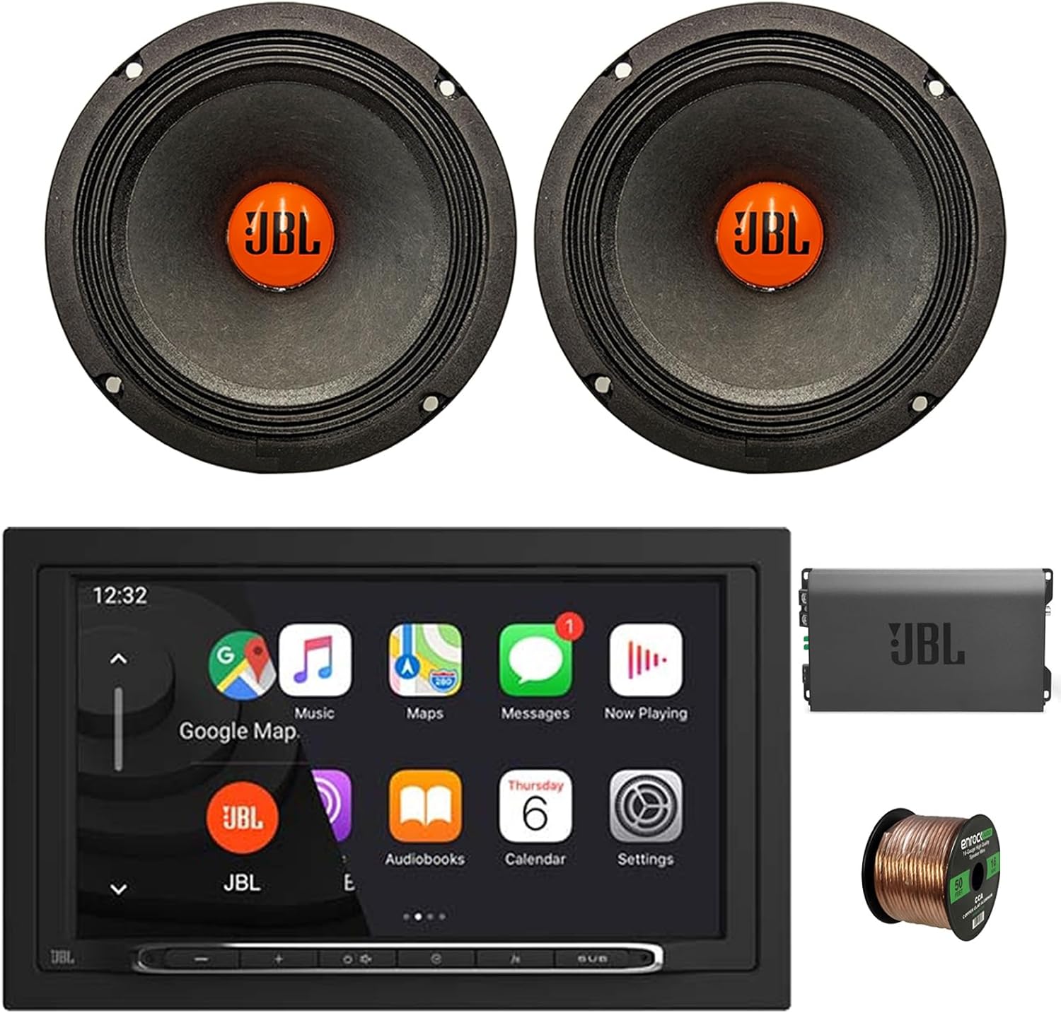 7” Touchscreen Double-DIN Bluetooth AM/FM Receiver, Amplifier, 2X 6.5 300 Watt Peak Power Midrange Car Audio Speakers w/Wire