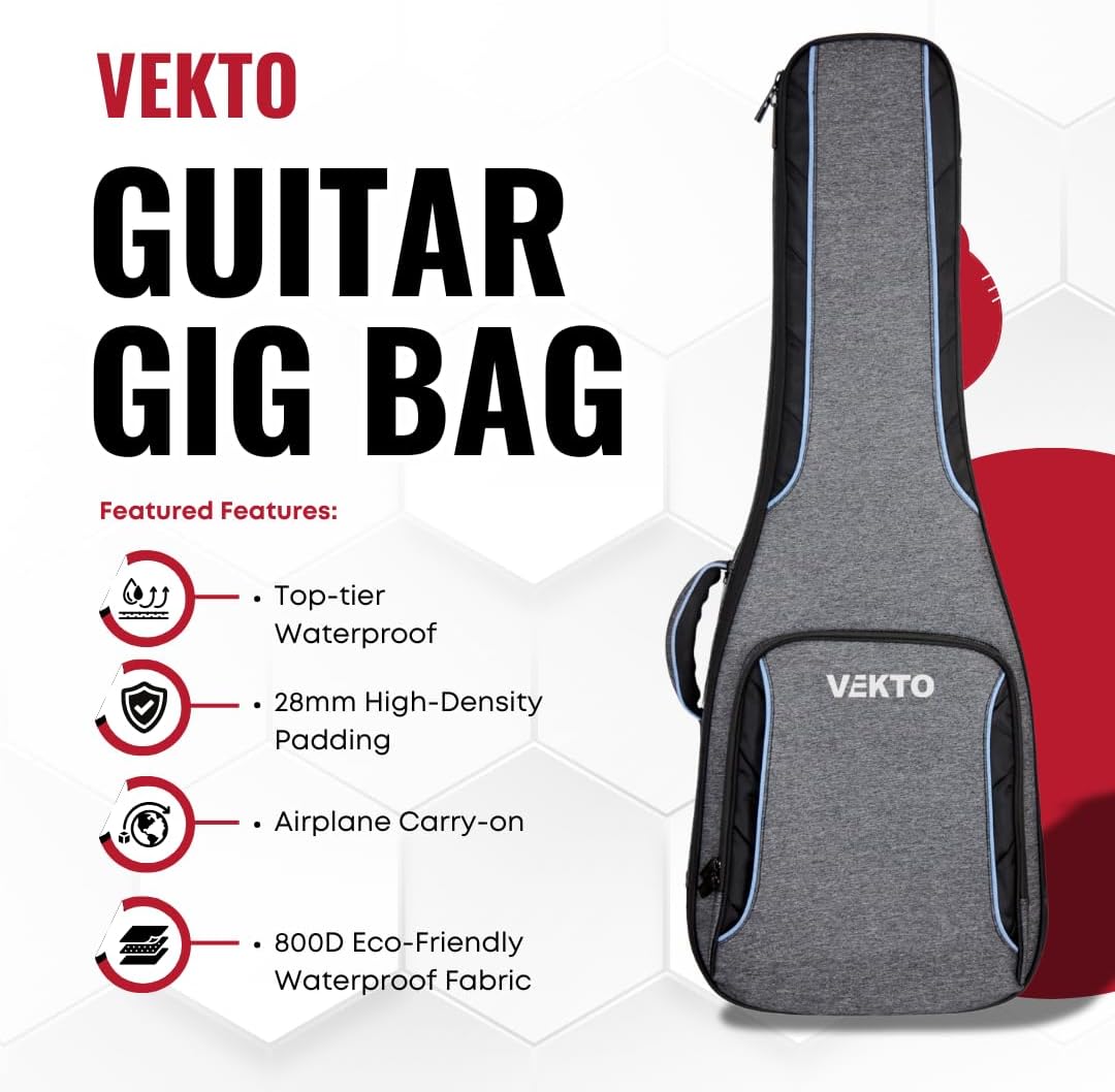 VEKTO Bass Guitar Gig Bag 28mm Padded, 800D Waterproof Fabric and EVA Reinforcement,Large Pocket, Hideaway Straps, Detachable Neck Support
