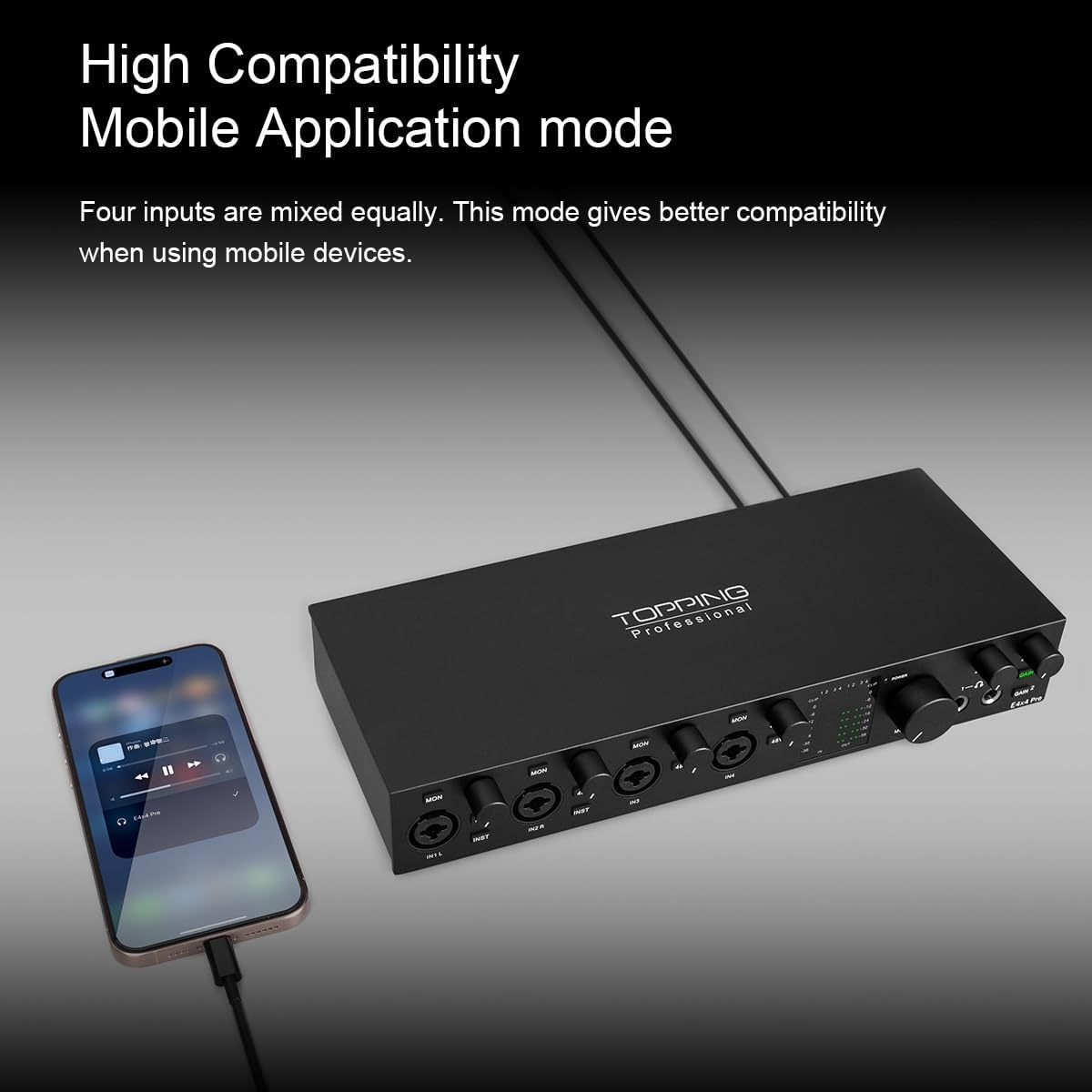 TOPPING E4X4 Pre USB Audio Interface - Dual USB-C Ports, 24bit/192kHz, 4IN/4OUT, Dual Headphone Outputs, Low Noise, Real-Time Monitoring, Mixer, for PC, Mac, iPhone, Professional Recording(Black)