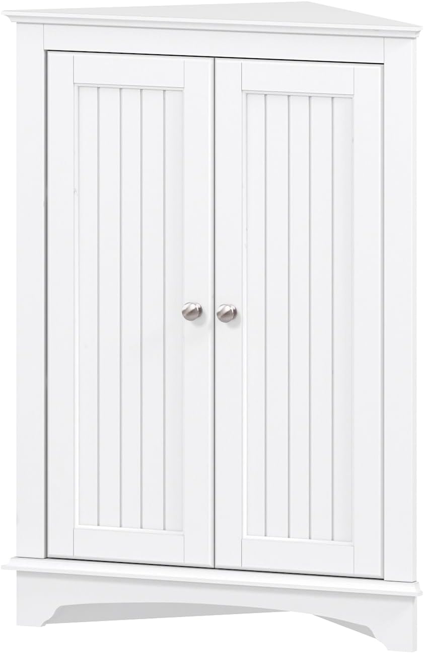 Spirich Floor Corner Cabinet with Two Doors and Shelves, Free-Standing Corner Storage Cabinets for Bathroom, Kitchen, Living Room, White
