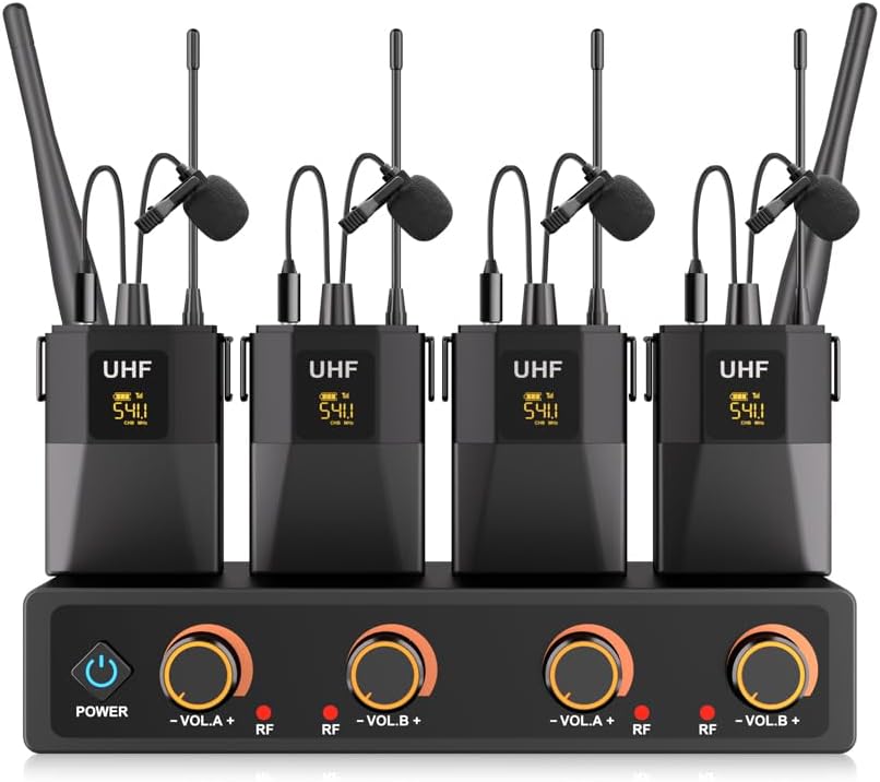 Wireless Microphone System with 4 Lavalier Microphones, Backpack Transmitter, 220 ft. Range, Ideal for Parties, Singing, Karaoke, Conferences, Churches.