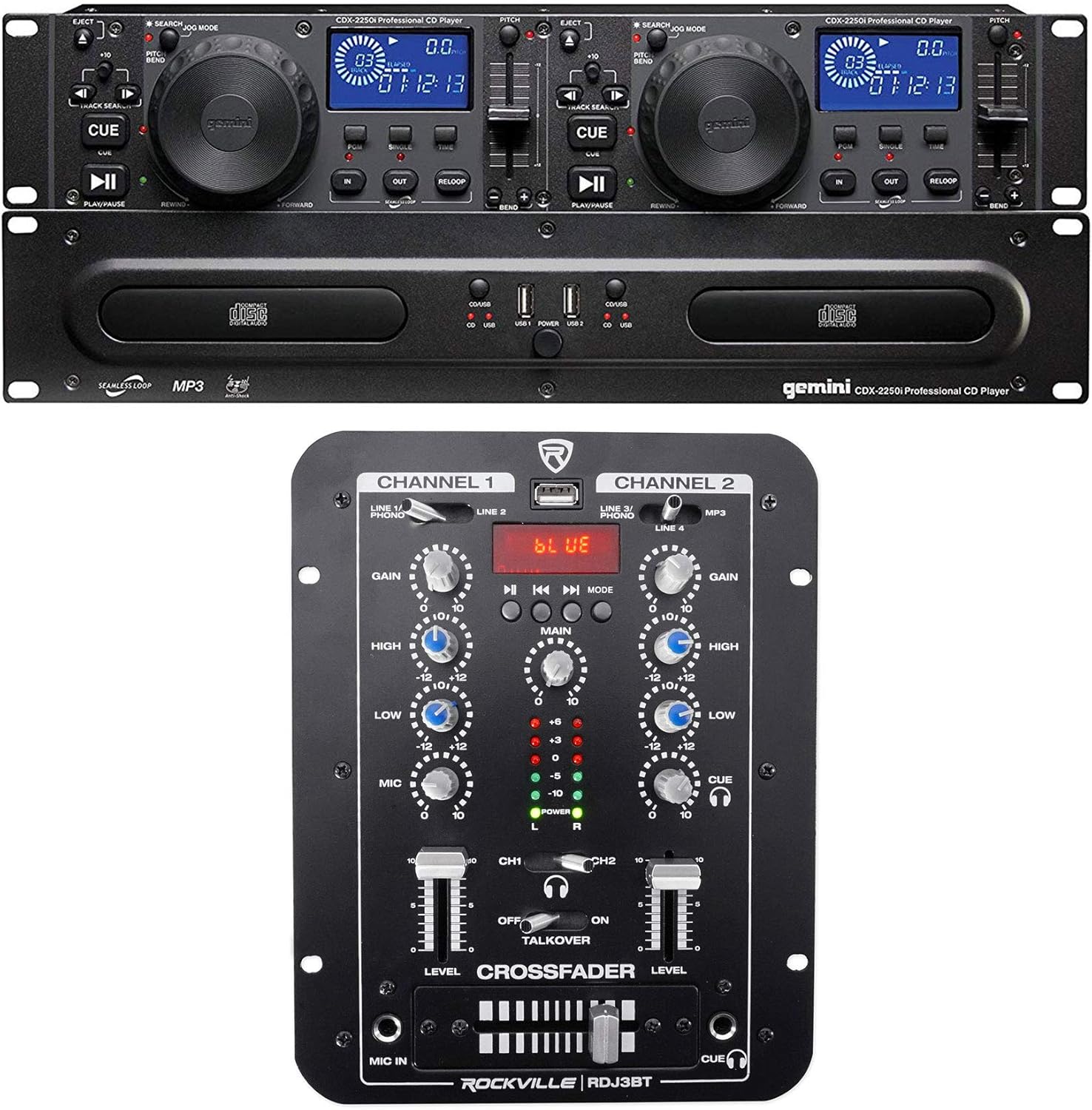 Gemini CDX-2250i Pro DJ Dual Two Deck Rack Mount CD/MP3 Media Player w/USB Bundle with Rockville RDJ3BT 2 Channel DJ Mixer with USB, Bluetooth, Talkover, 4 Line Inputs