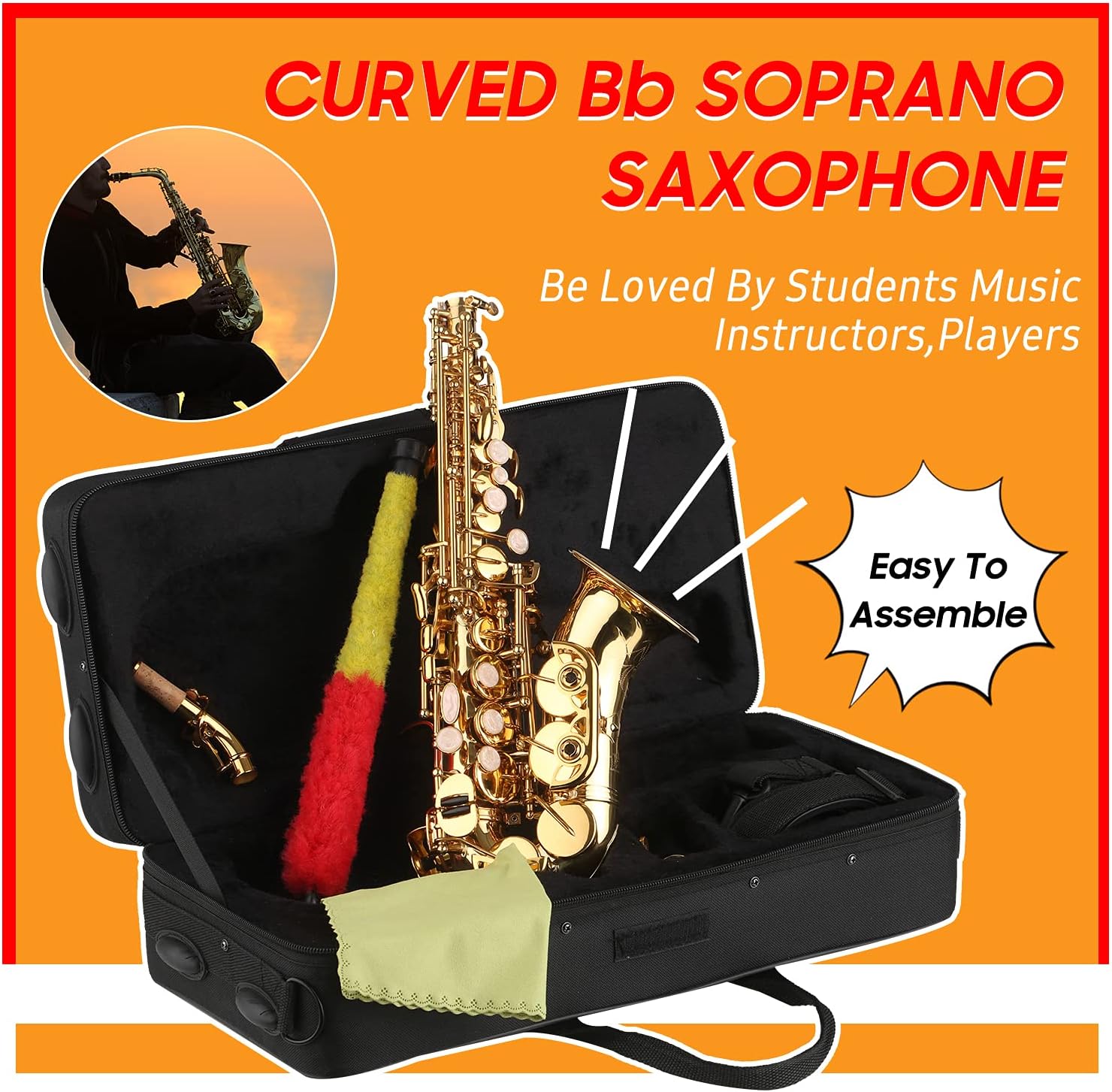 Bb Soprano Saxophone Gold Lacquer Brass Sax with Instrument Case Mouthpiece Neck Strap Cleaning Cloth Brush for Musicians Beginners