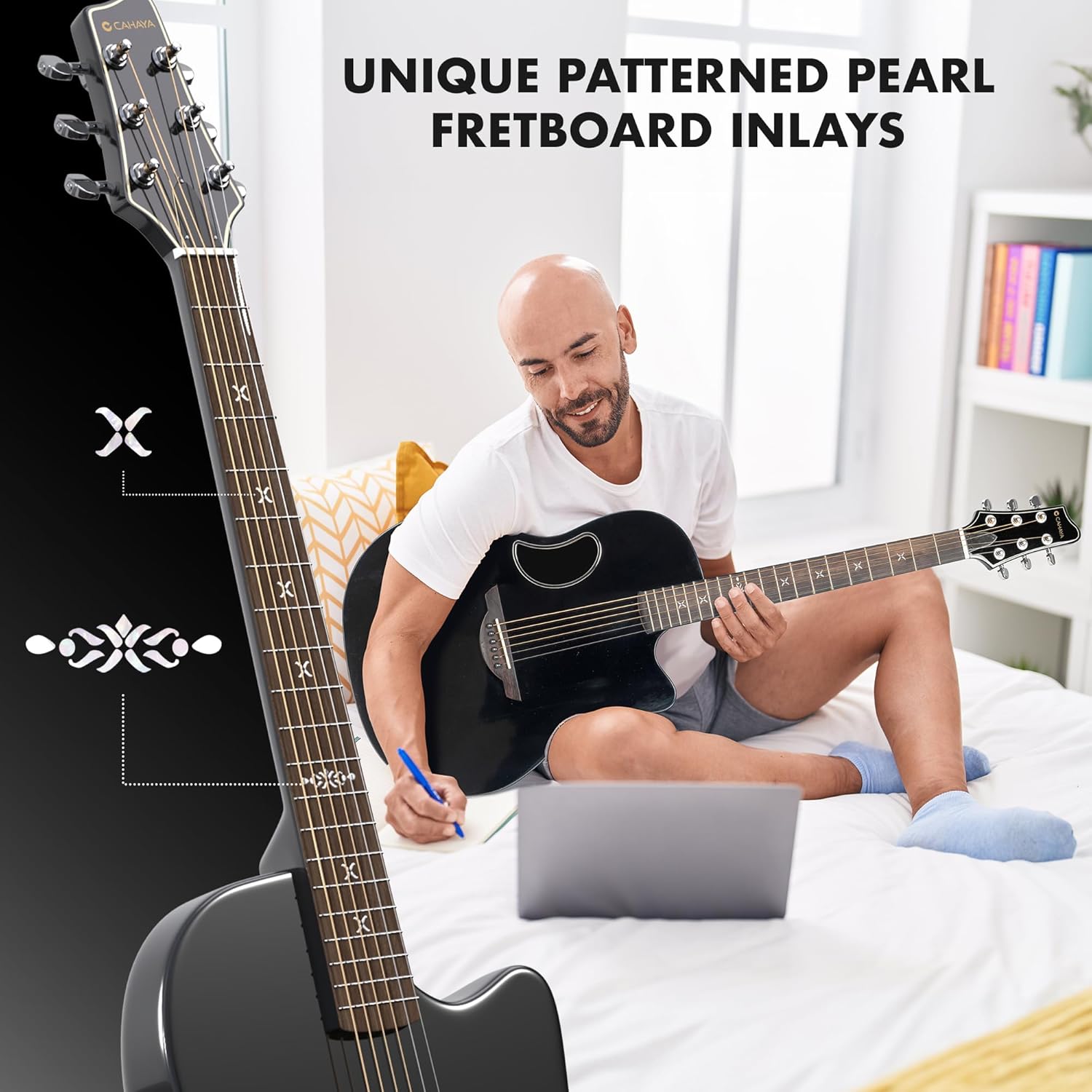 CAHAYA Acoustic Electric Guitar Kit - 41” Carbon Fiber Adult Beginner Set with Bag and Strap Built-In Pickup Rich Resonance & Warm Tone for Performance Ready, High-Gloss Black Finish