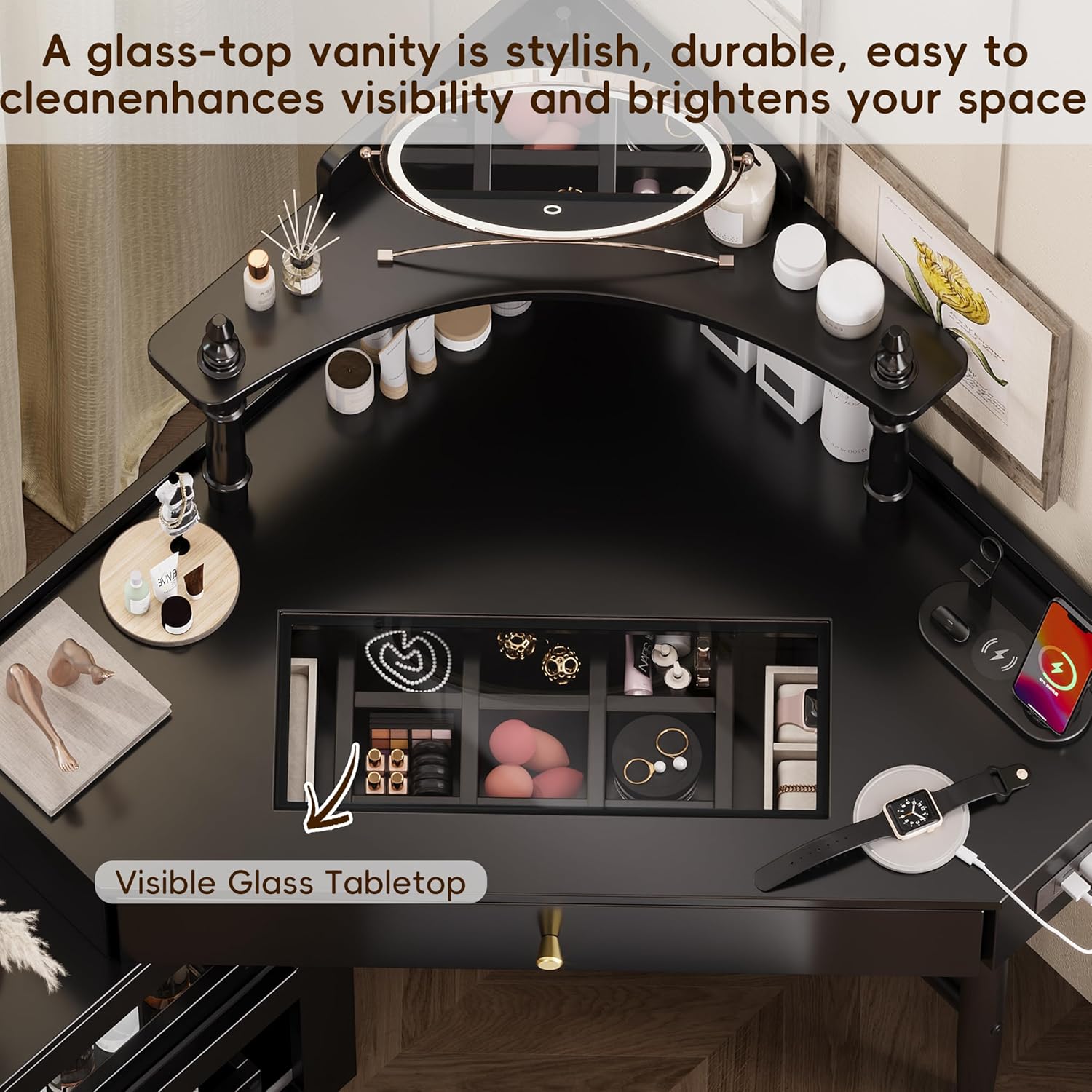 Corner Vanity Desk with Drawers, Corner Makeup Vanity with Storage Cushioned Stool & Charging Station, Wooden Makup Desk with Removable Pull-Out Side Cabinet & Storage Shelf, Black