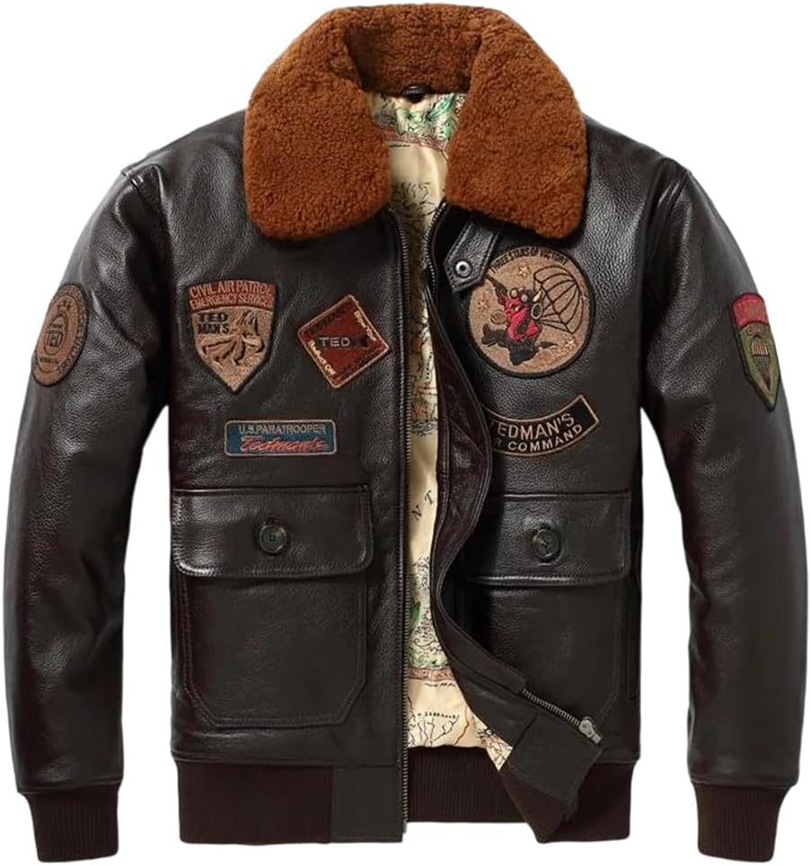 Men Military Collar Cotton Lining Genuine Natural Thick Cowhide Flight Dark Brown Winter Leather Jacket Coat