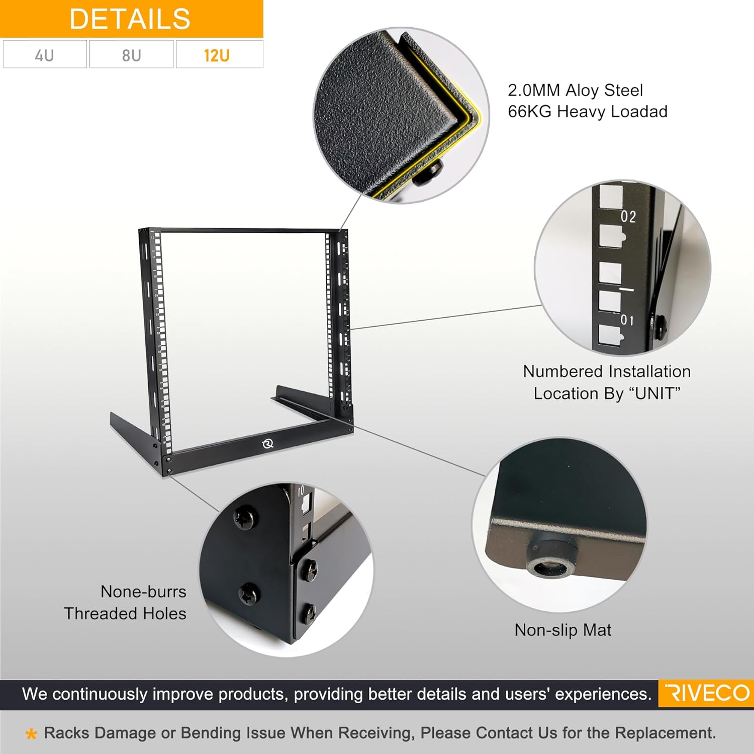 RIVECO 12U Desktop Rack for Audio & Network Devices 19 Inch 2 Post Open Frame Shelf with Reinforced Beam, Tabletop Racks for IT Server Sound AV Music Recording Equipment & 10
