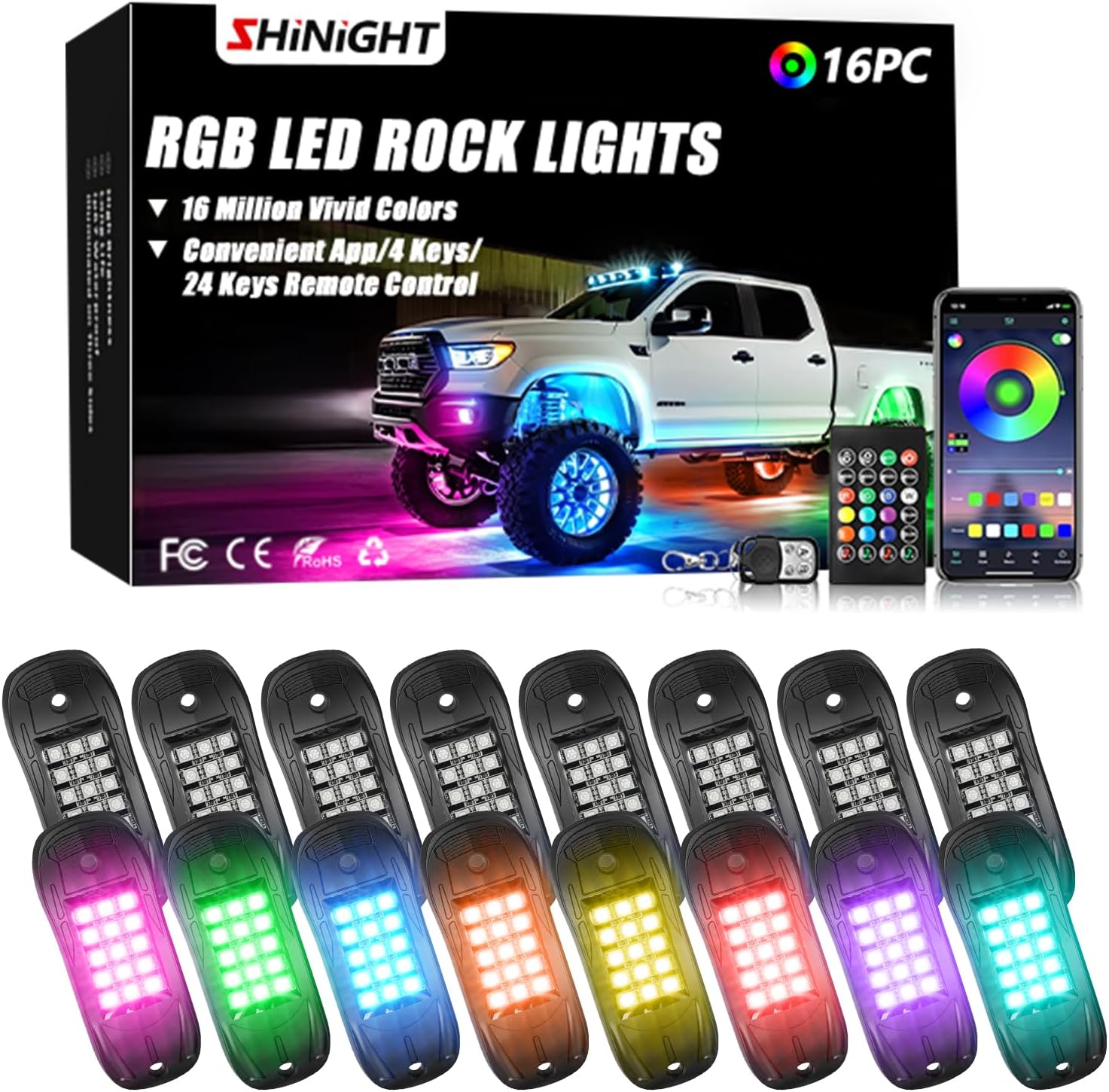 SHINIGHT Led Rock Lights for Trucks,16 Pods Lights for Jeep Brightness Truck underglow kit Exterior with App Control Flashing Music Mode RGB Lighting for UTV SUV ATV RZR Truck Accessories