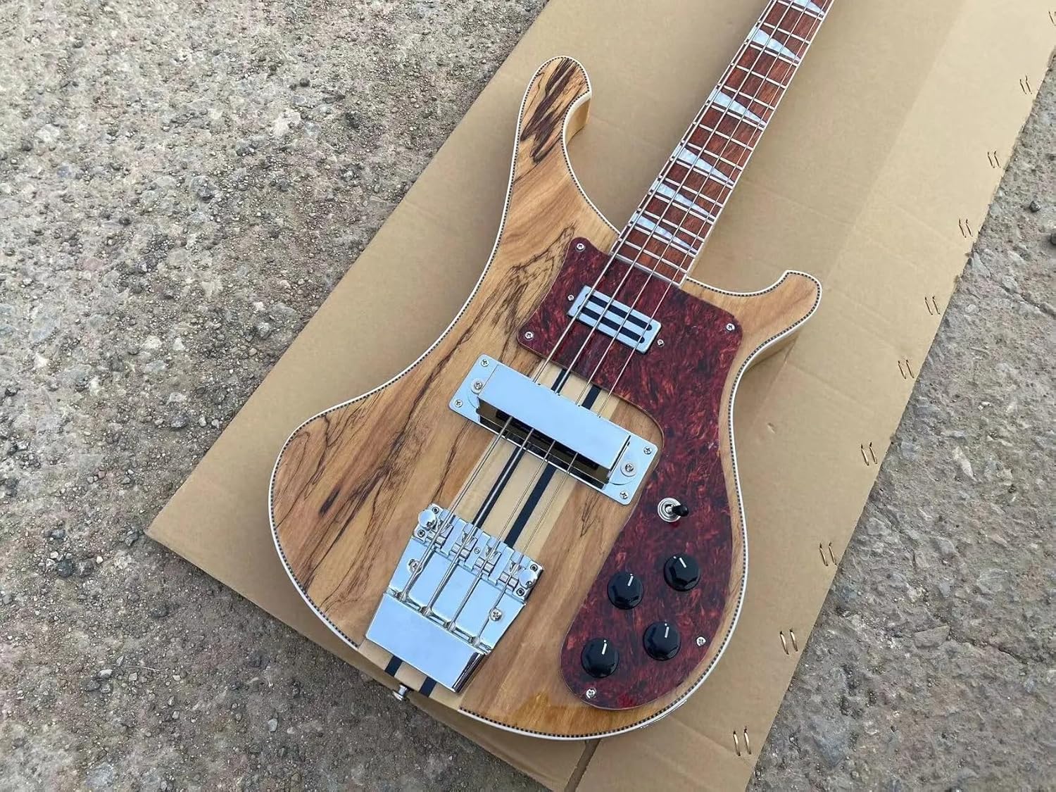 4-String Electric Bass Guitar - Natural Spalted Maple Veneer Finish, Checkerboard Binding, Neck-Thru Construction