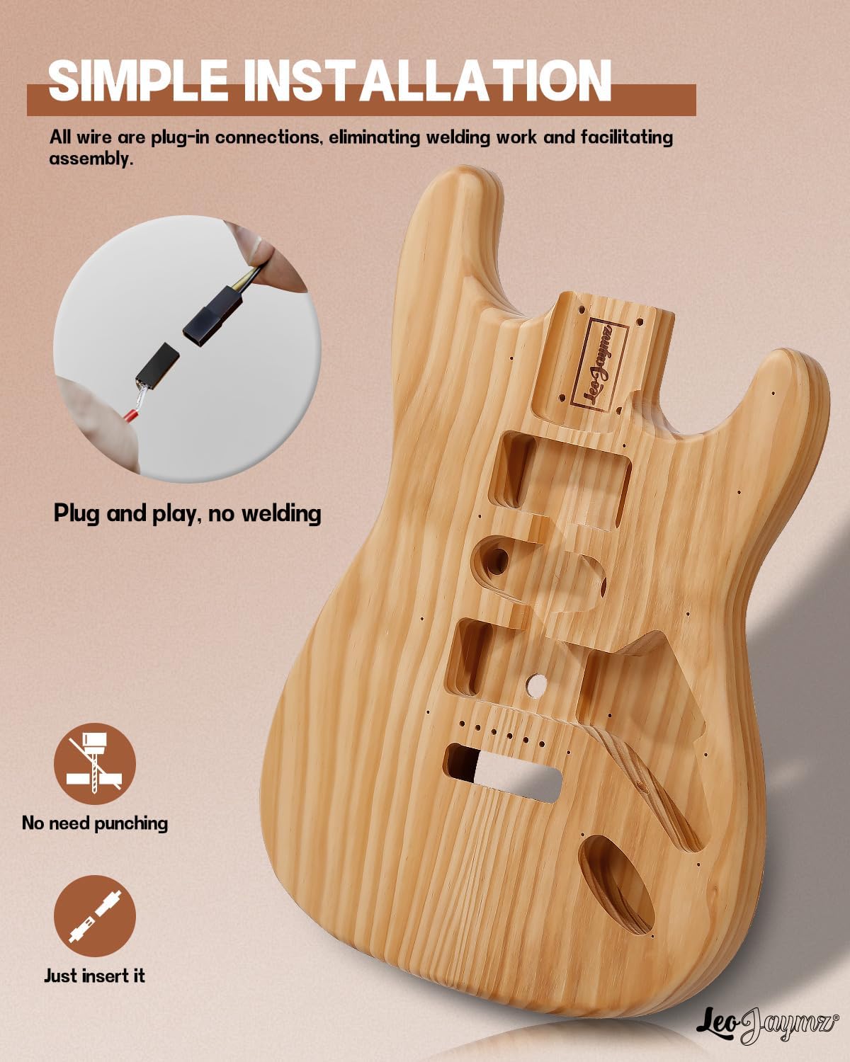 Leo Jaymz DIY ST Style Electric Guitar Kits with Roasted Pine Body and Maple Neck - Laurel Wood Fingerboard,Strap and All Components Included (ST Roasted Pine)