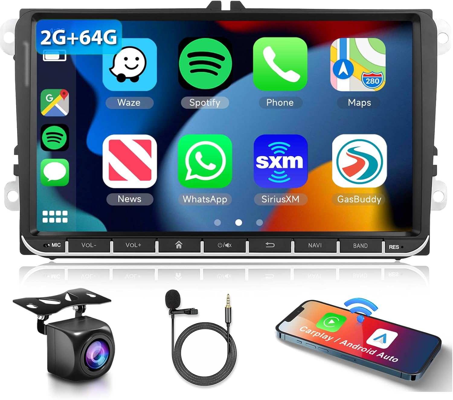 2+64G Android Car Radio Stereo with Wireless Carplay 9 inch Capacitive Touch Screen Android Auto GPS Navigation Bluetooth FM GPS Auto Radio for VW Passat Jetta Tiguan Golf MK5 MK6 T5 EOS Polo