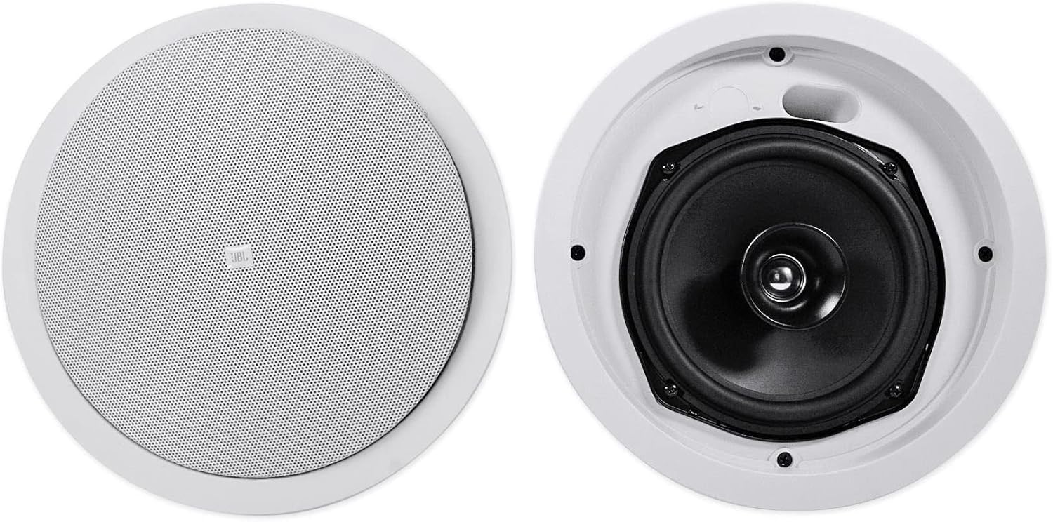 JBL Professional Control 26C 2-Way, 6.5” Round In-Ceiling Speaker with Metal Back-Can. 16 Ohm, 150 Watt. Sold as Pair. White, Paintable Grille.