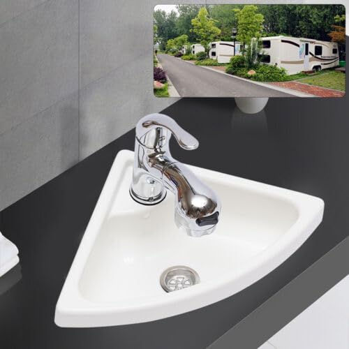 Triangular Sink,White Acrylic Boat RV Caravan Camper Sink with Faucet,Wall Mount Corner Bathroom Sink with Drain Pipe,Vanity Single Bowl Sink Small Corner Sink Kit for Restaurants,RVs,Yachts