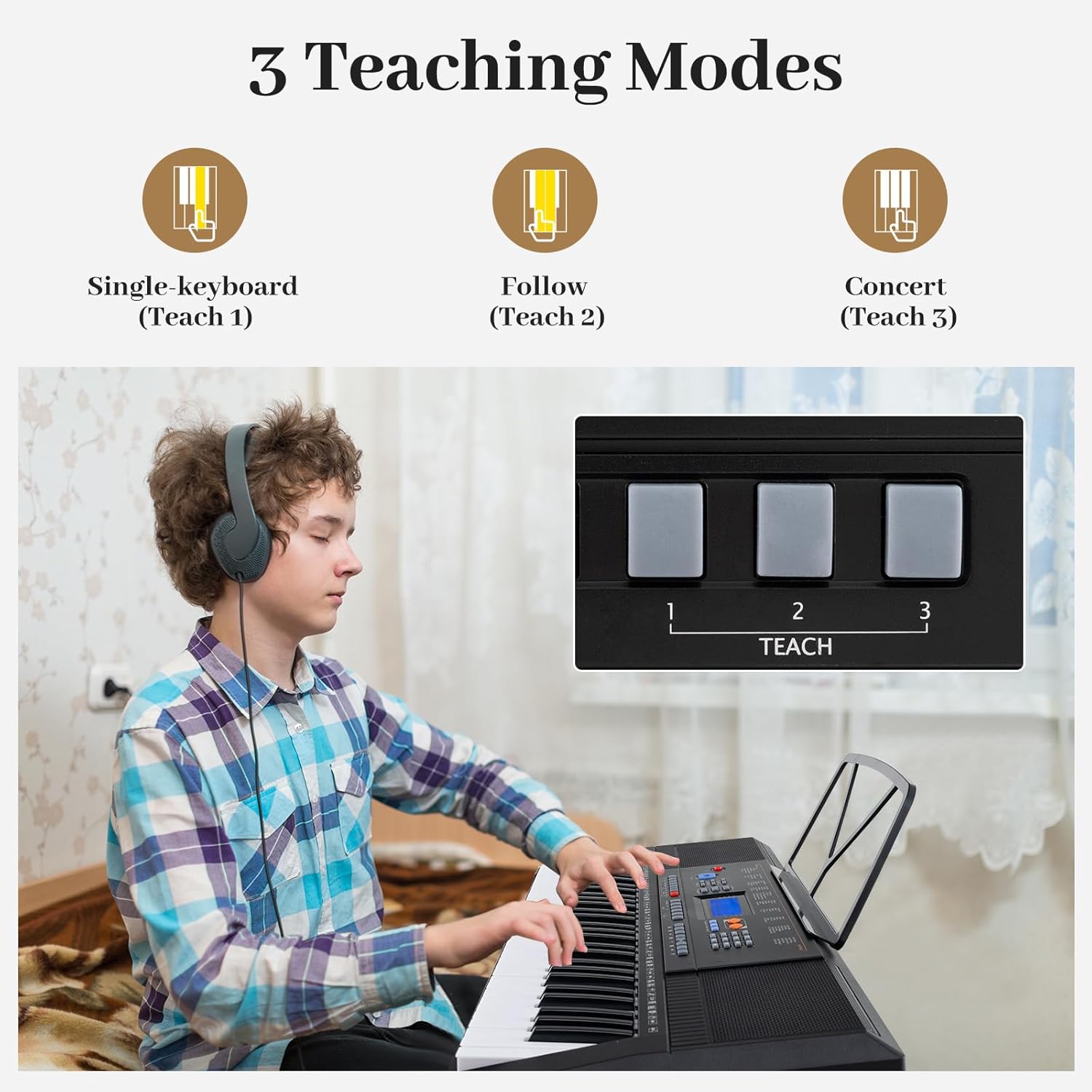 HONEY JOY 61 Key Keyboard Piano, Electric Piano Keyboard Kit with 300 Tones, 300 Rhythms, Piano Stand, Bench, Headphone/Microphone, Built-In Speakers, Keyboard Piano for Beginners, Black