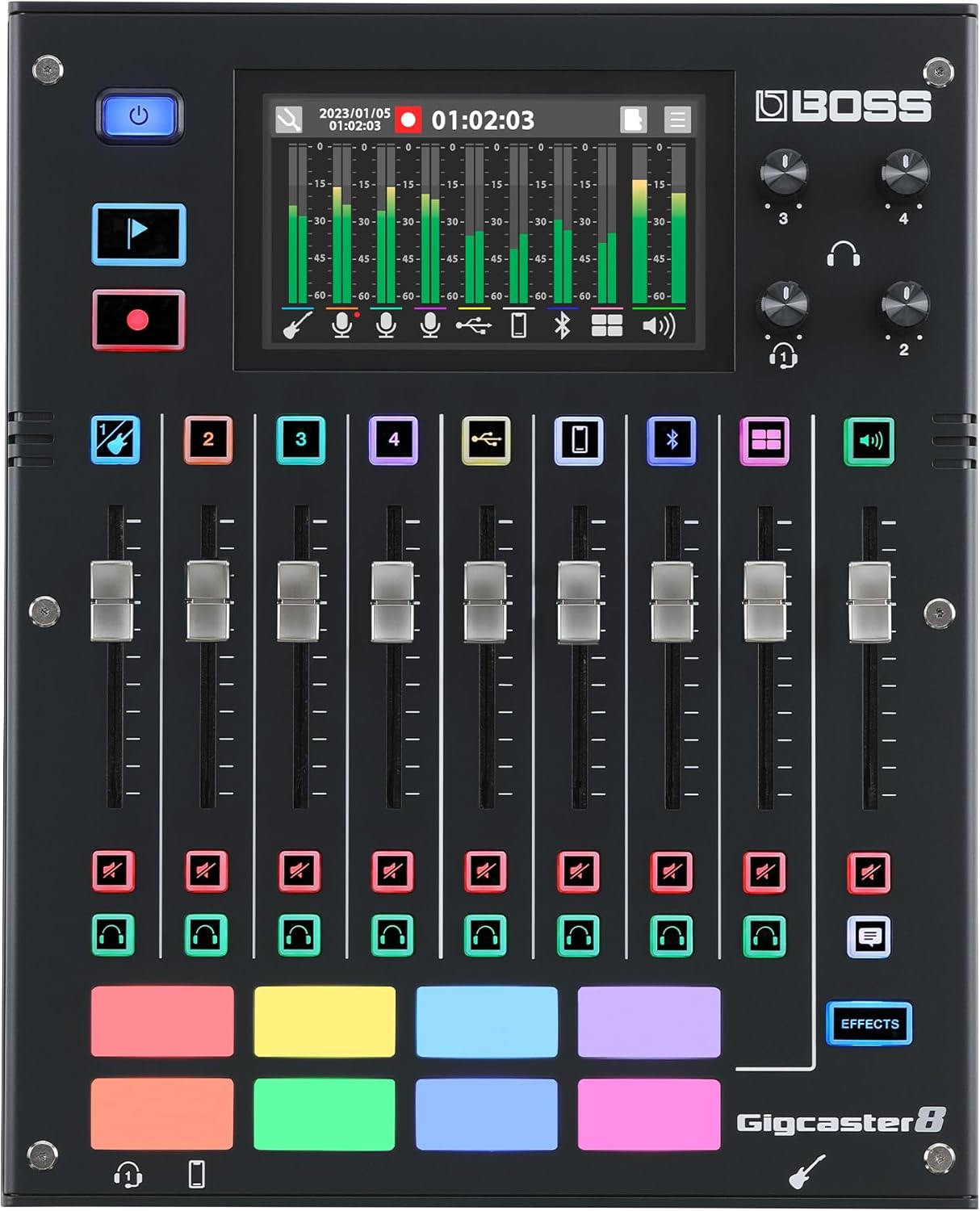 BOSS Gigcaster 8 | 8-Channel Audio Streaming Mixer with Direct Guitar/Bass Input | 4 XLR/TRS Combo Inputs | Built-In Stereo Mic | 8 SFX Pads | 20x14 USB Audio Interface | Onboard Recording
