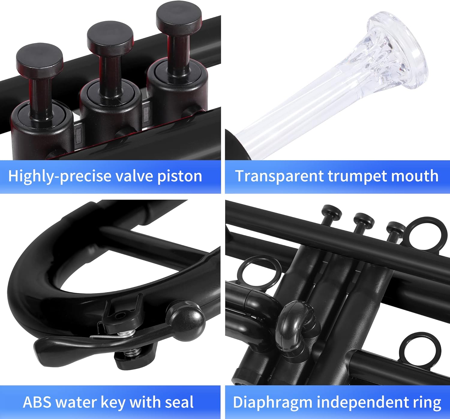 Professional Plastic Bb Trumpet Standard Trumpet Set for Student Beginner With 7C Mouthpiece and 3C Mouthpiece, Bb Trumpet Instrument, Black,