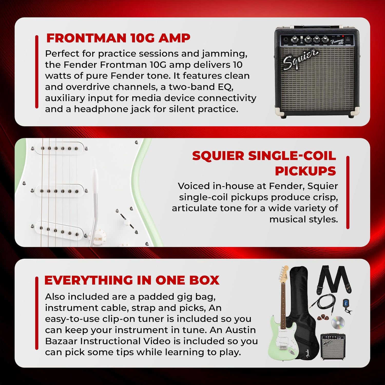 Fender Squier Sonic Stratocaster - Surf Green Bundle with Frontman 10g Amp, Gig Bag, Cable, Strap, Tuner, Picks, and Austin Bazaar Guitar DVD