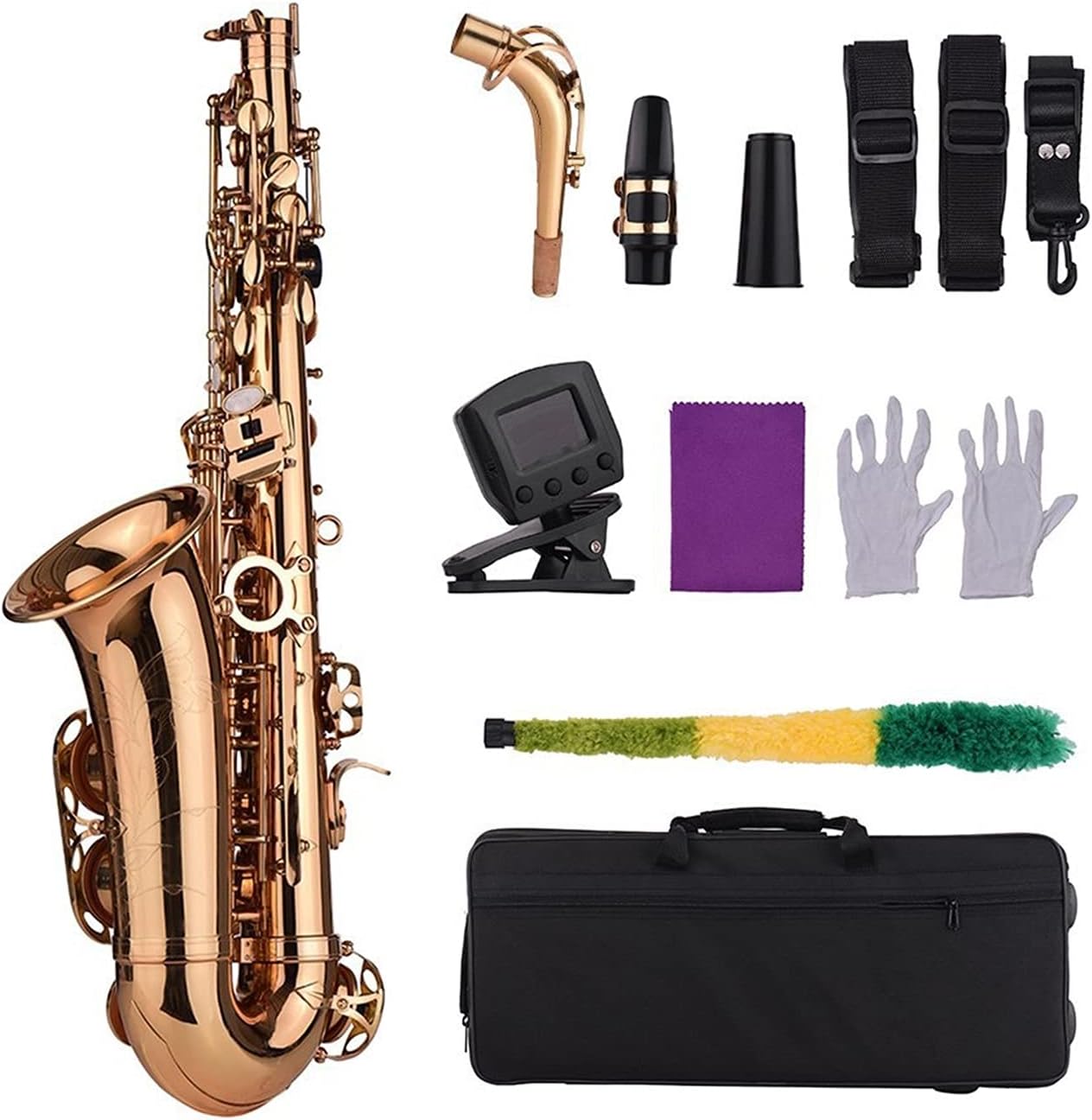 Sax Beginners Kit EB Alto Saxophone Brass Material Wind Instrument with Carry Case Gloves Cleaning Cloth Sax Straps Tuner Wind Instrument