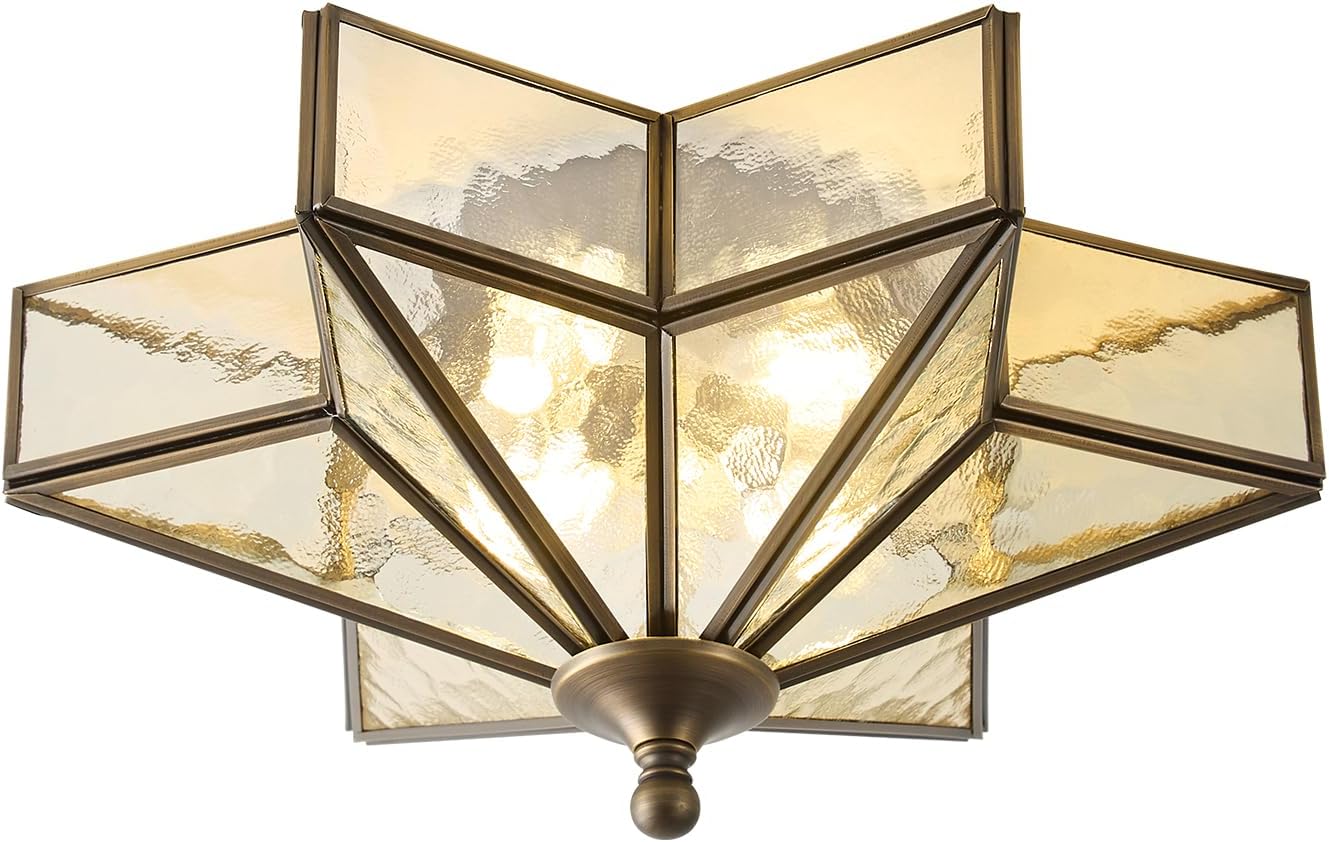 Star Vintage Bronze Ceiling Light - 12.2 in Small Hammered Glass Antique Flush Mount Fixture - Mid Century Black Art Deco Lighting for Kitchen Hallway Bedroom Bathroom Laundry Entryway Farmhouse Hall